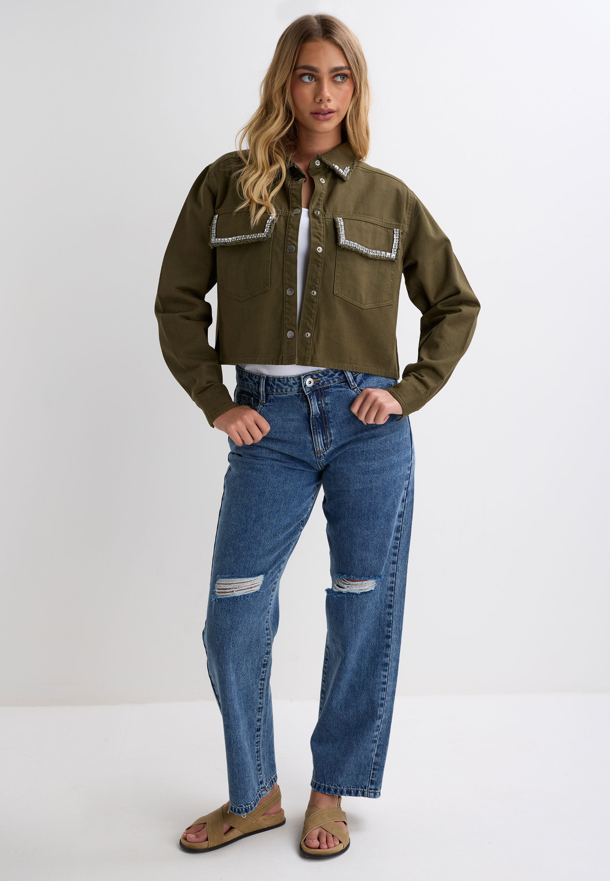 Womens Khaki Green Denim Embellished Shirt Jacket