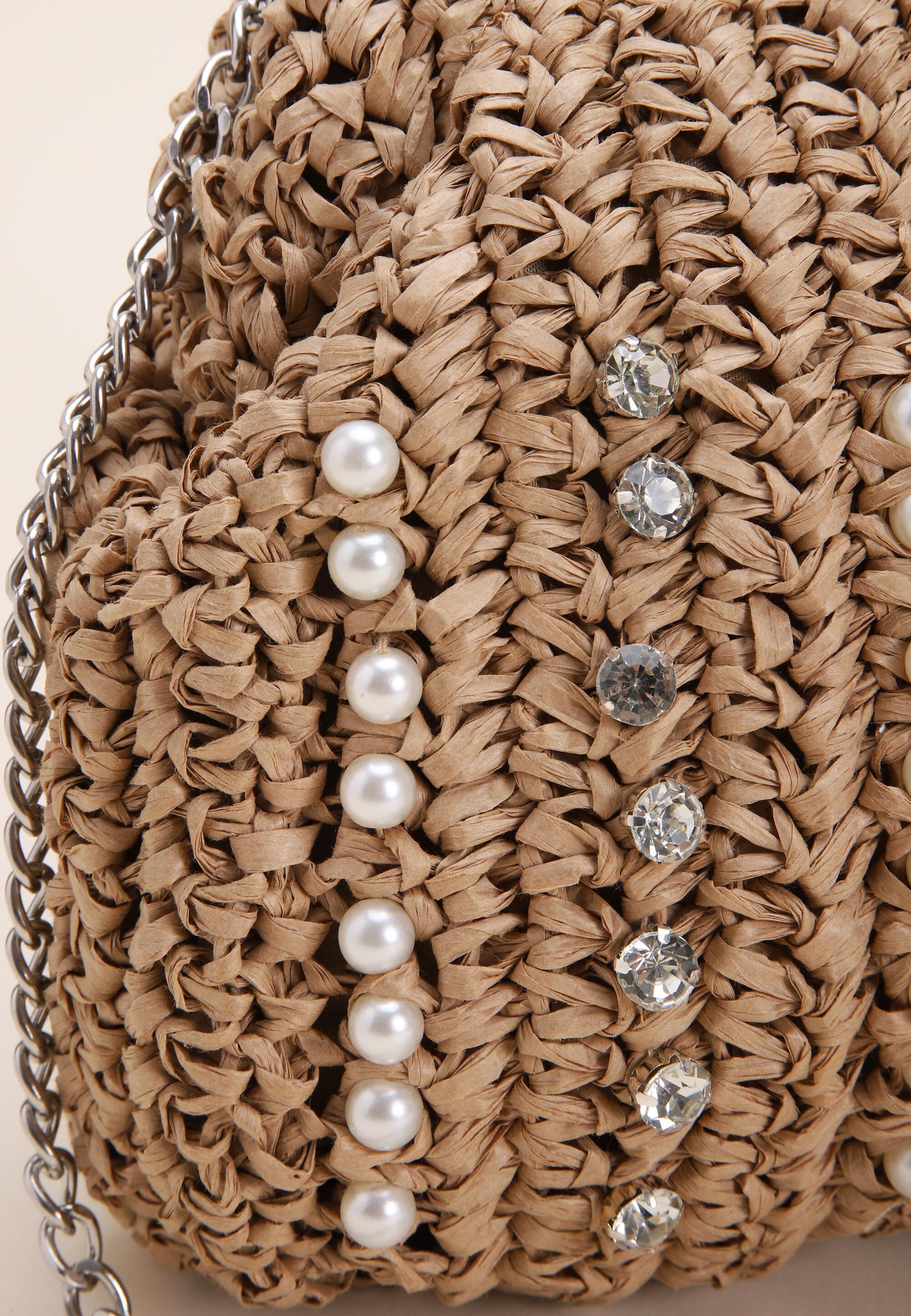 Womens Brown Straw Embellished Clutch Bag