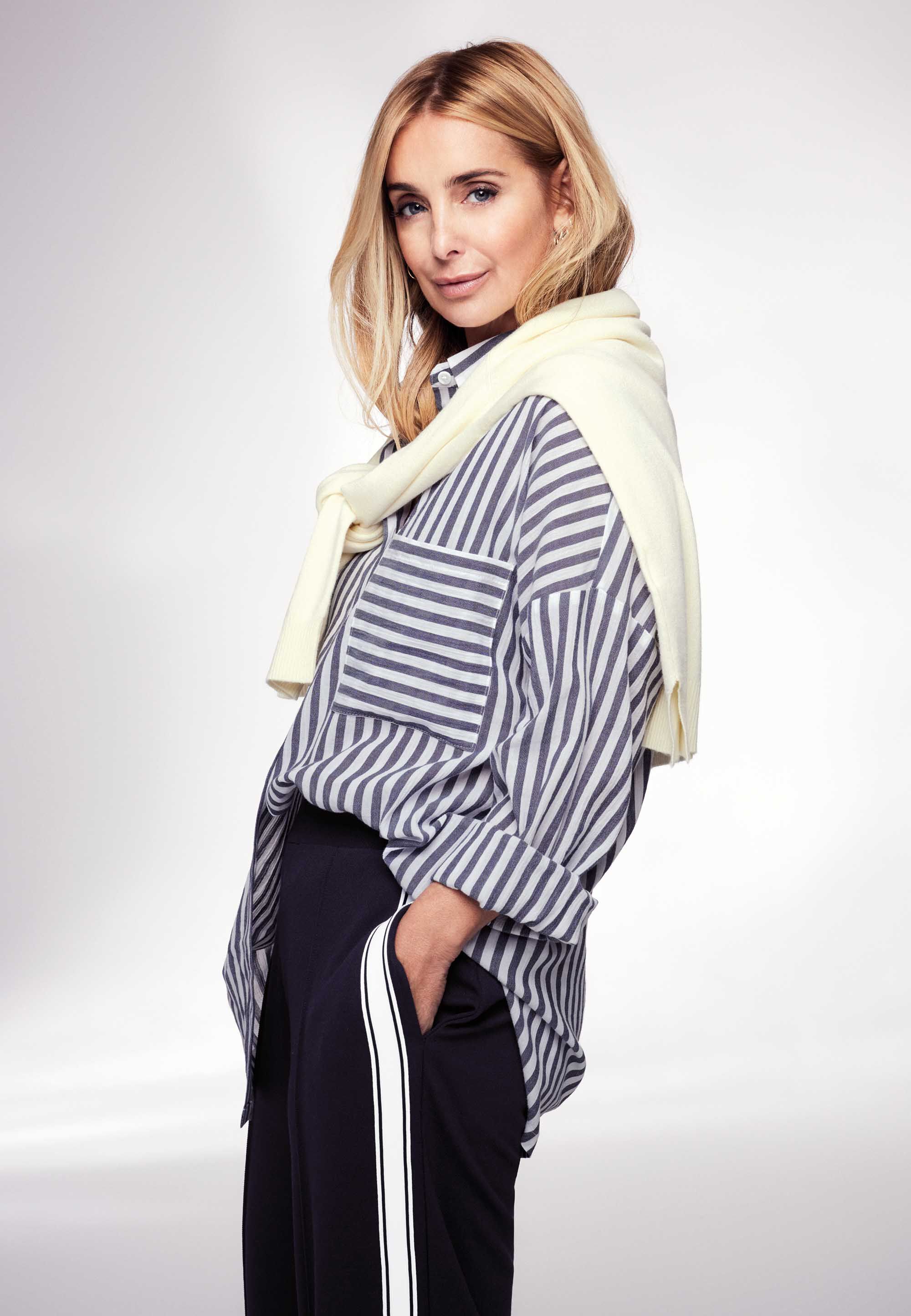 Womens Navy Stripe Crinkle Long Sleeve Shirt