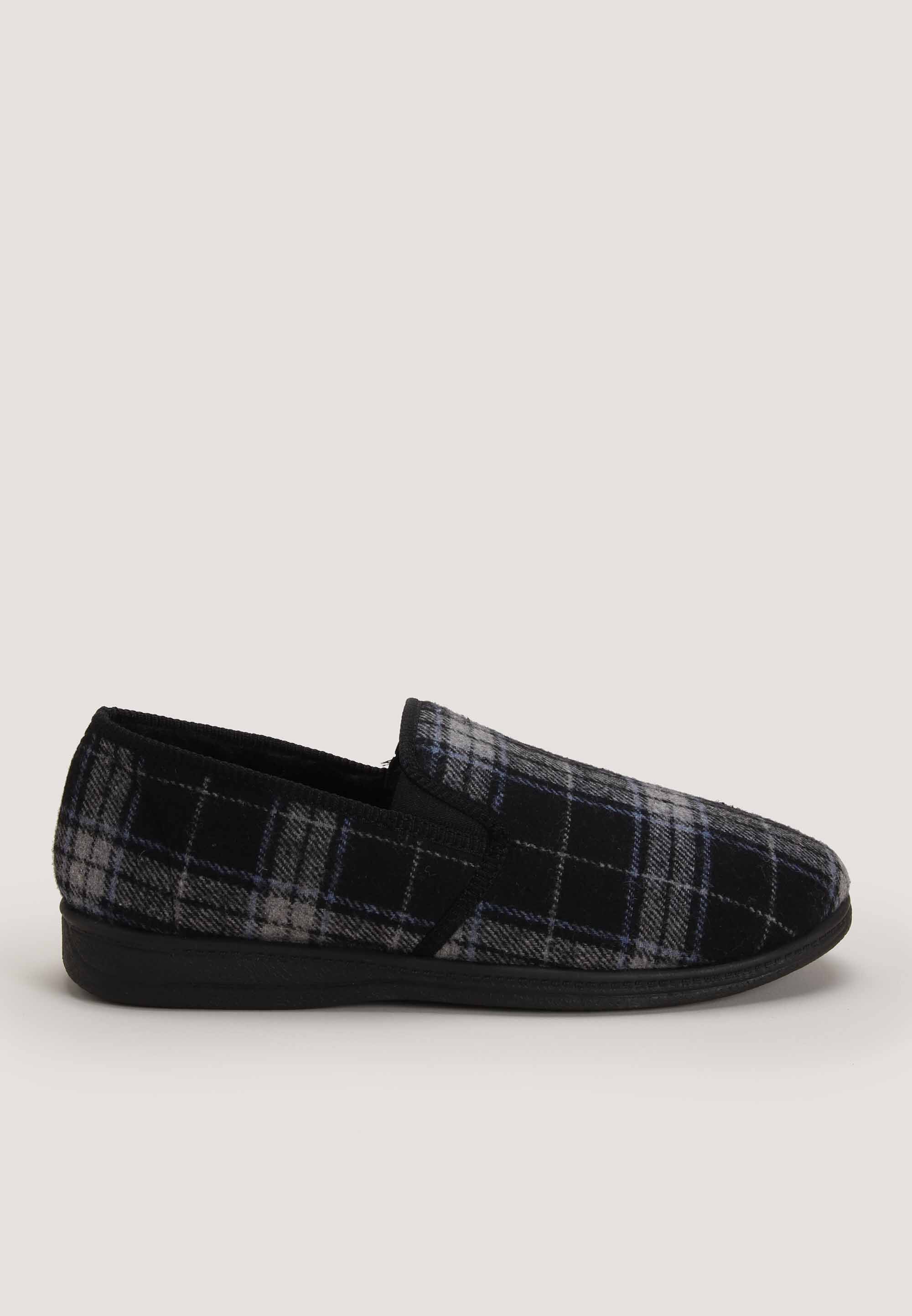 Mens Black & Grey Check Closed Back Loafer Slippers