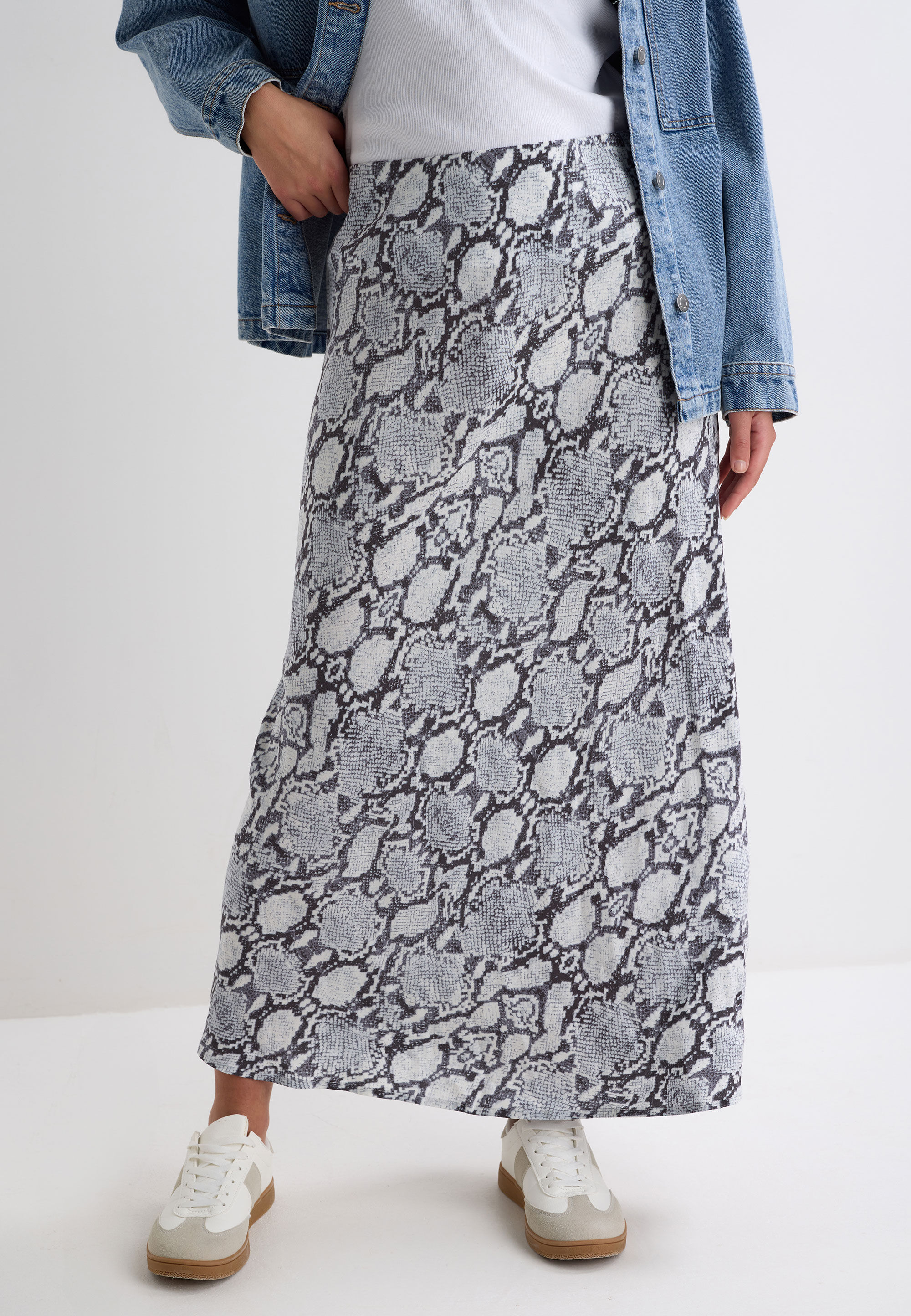 Womens Grey Snake Print Midi Skirt