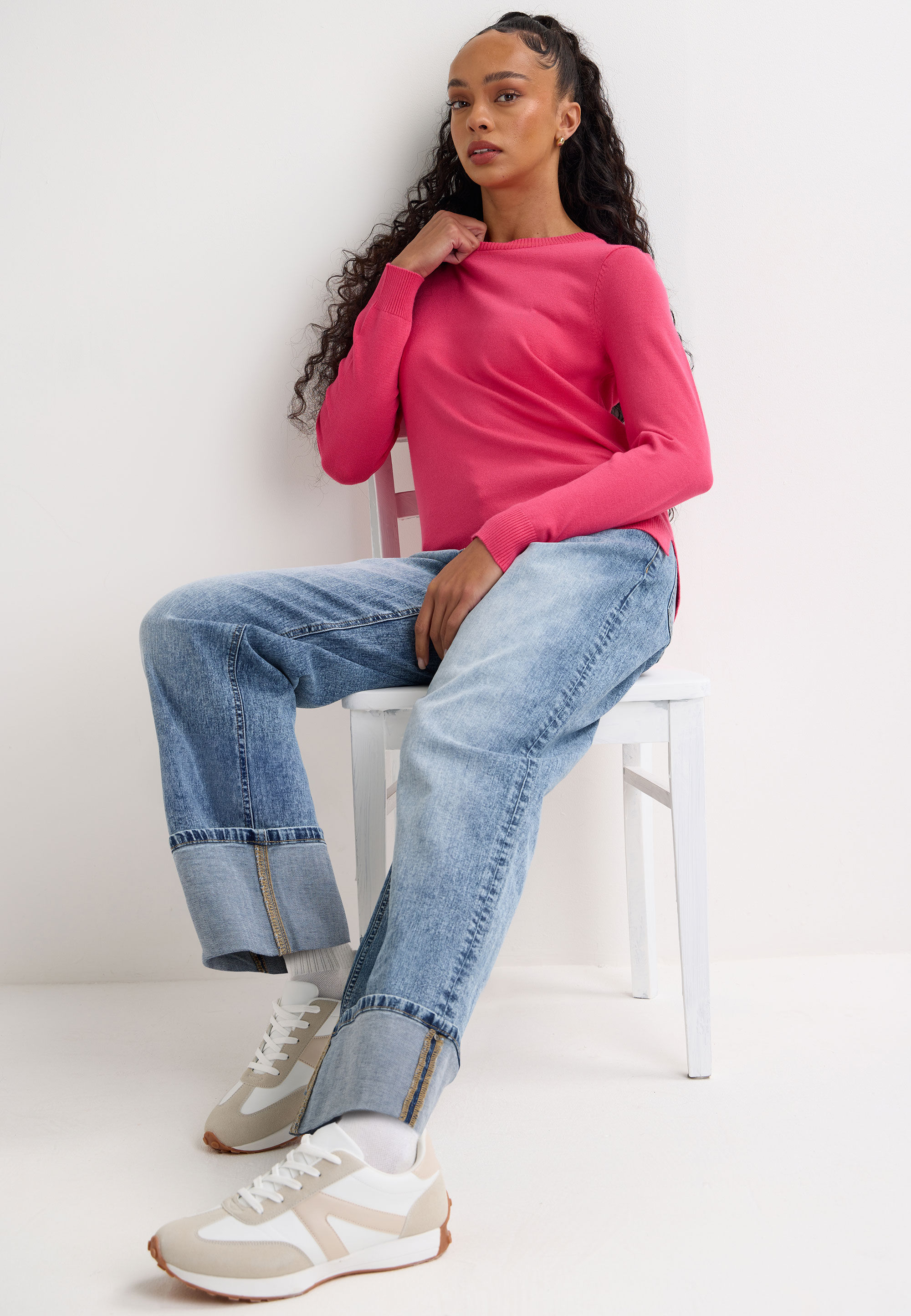 Womens Hot Pink Plain Crew Neck Jumper