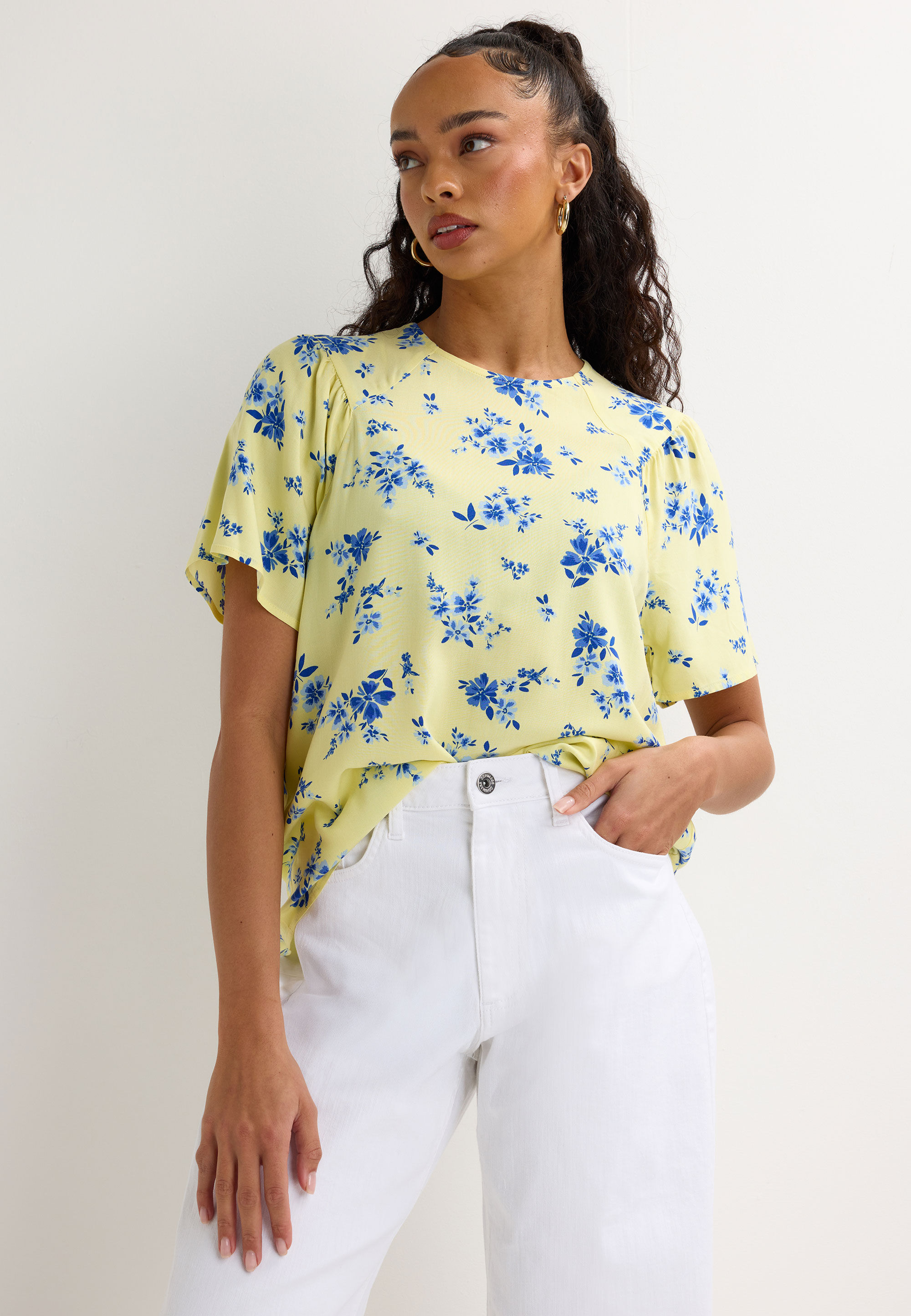 Womens Yellow Floral Print Flutter Sleeve Shell Top