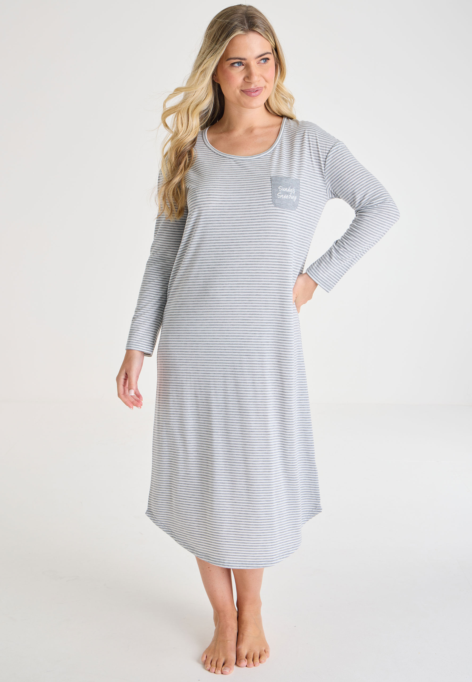 Womens Grey & White Stripe Long Sleeve Nightshirt