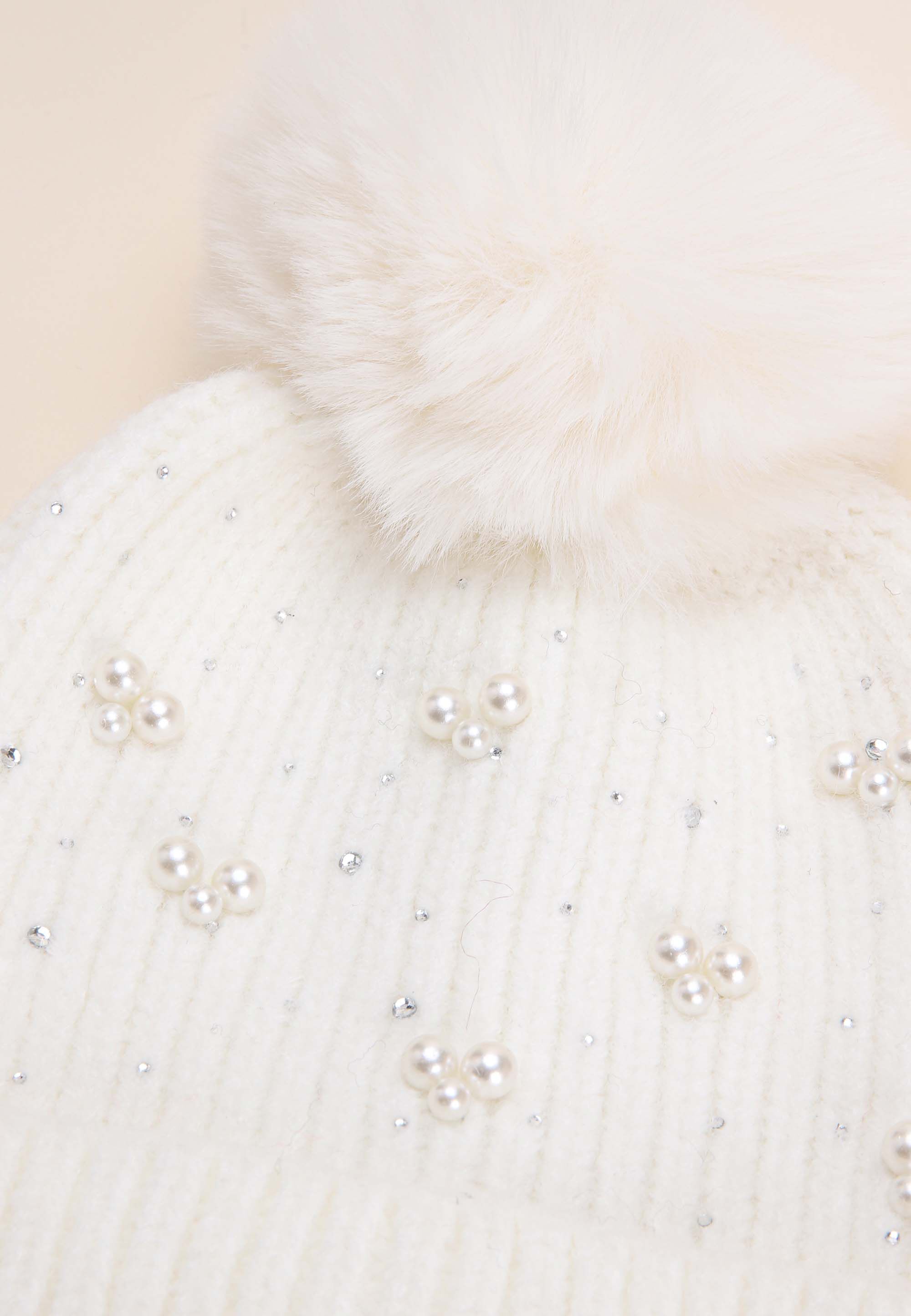 Womens Cream Pearl Embellished Bobble Beanie Hat
