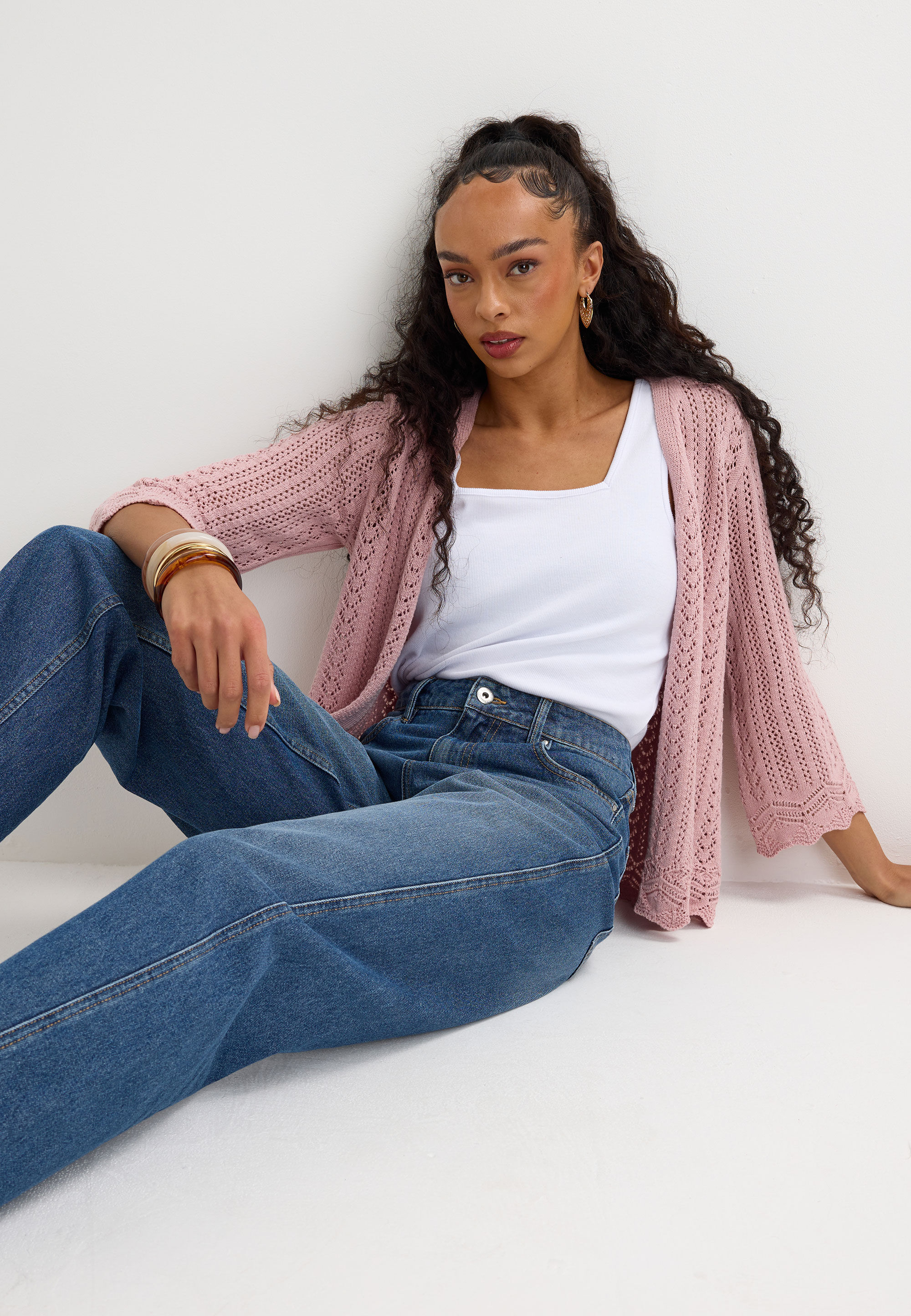 Womens Pink Crochet Knit Cardigan