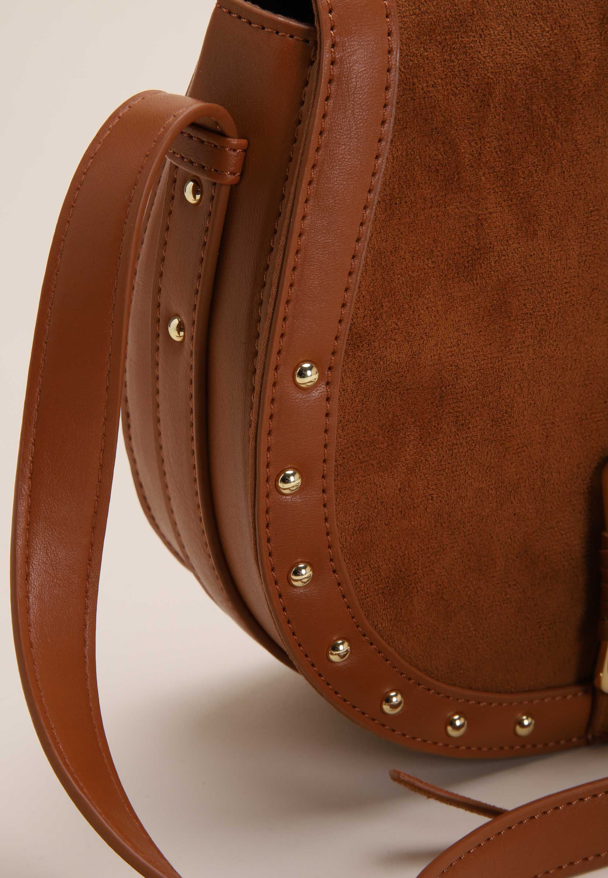 Womens Tan & Gold Studded Saddle Shoulder Bag