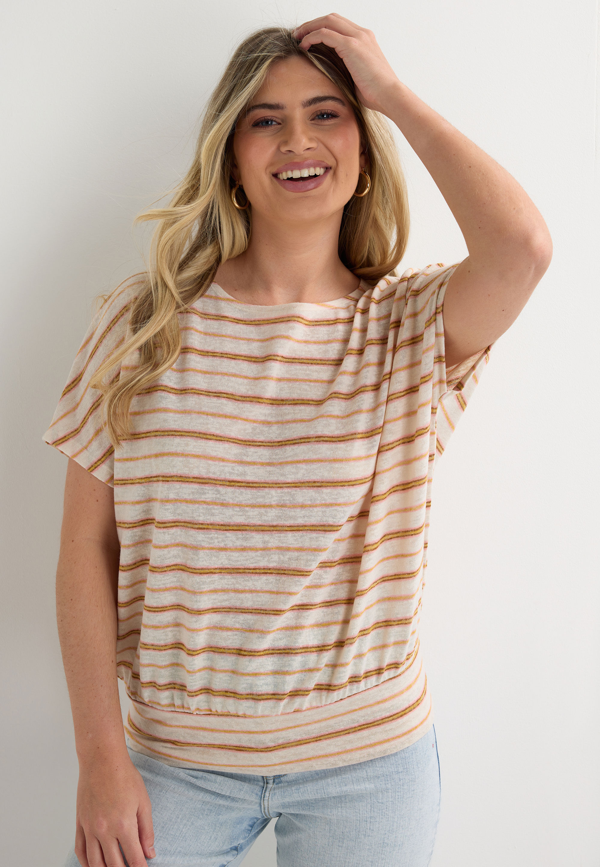 Womens Pink Stripe Linen Banded Hem Top