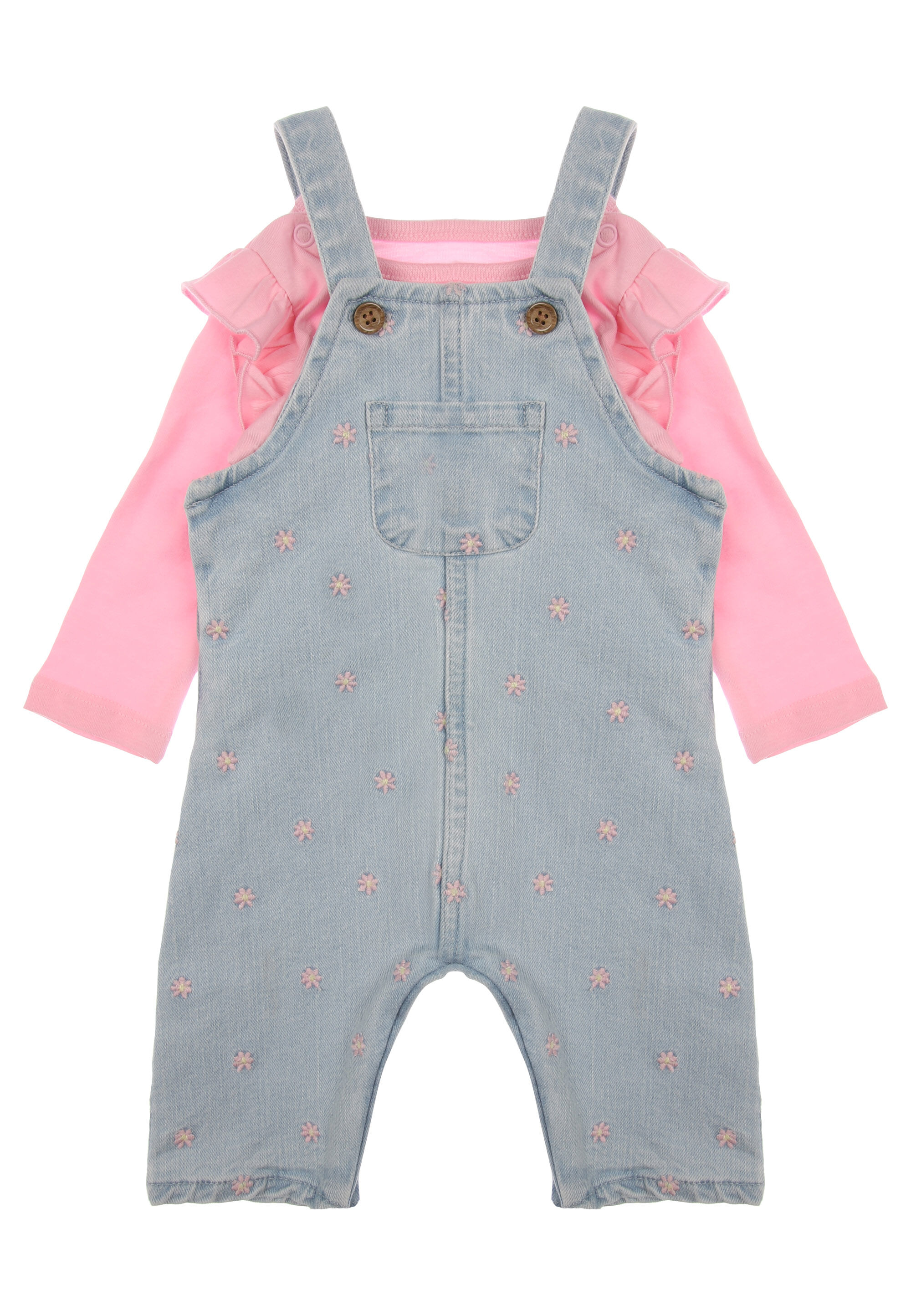 Baby Girl Denim & Pink Floral Embroidered Dungarees Set