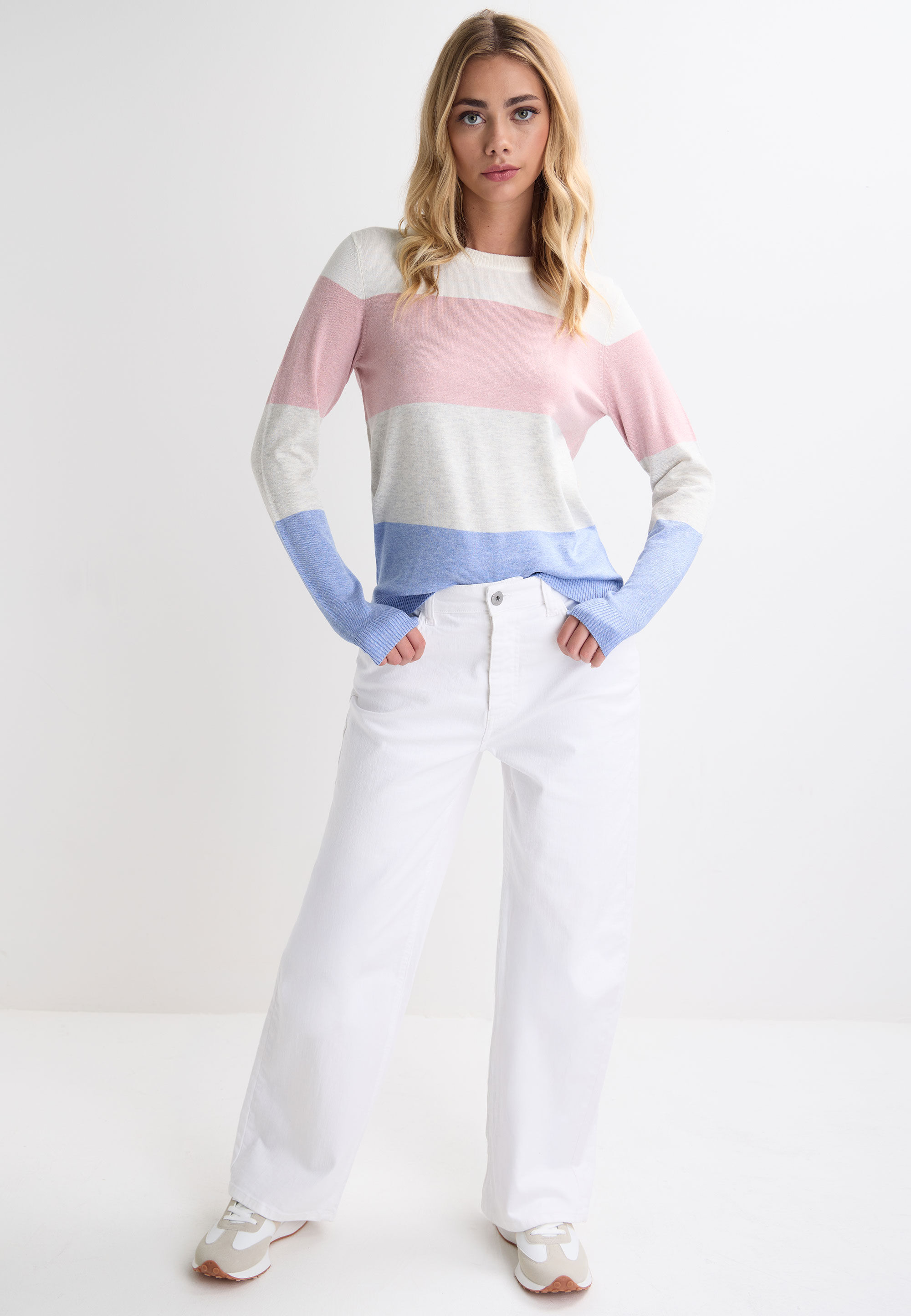 Womens Pink & Blue Stripe Crew Neck Jumper