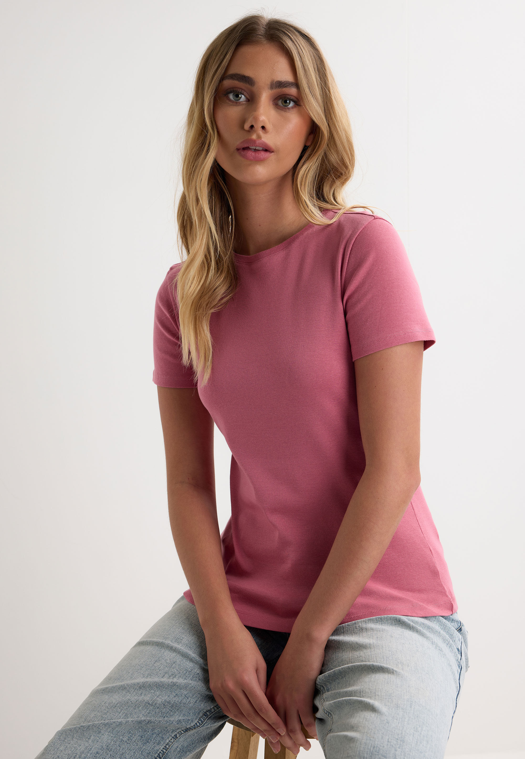 Womens Pink Plain Fitted Crew Neck Top