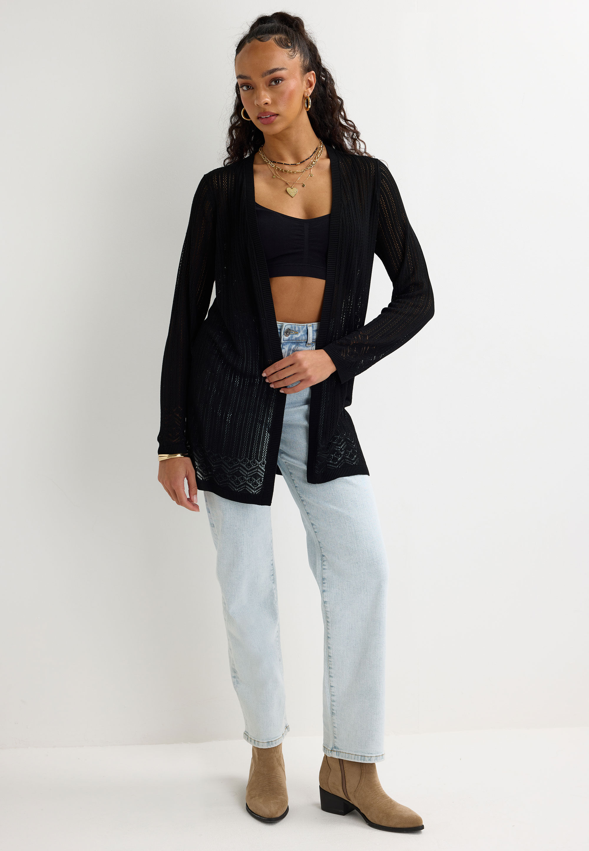 Womens Black Pointelle Longline Cardigan