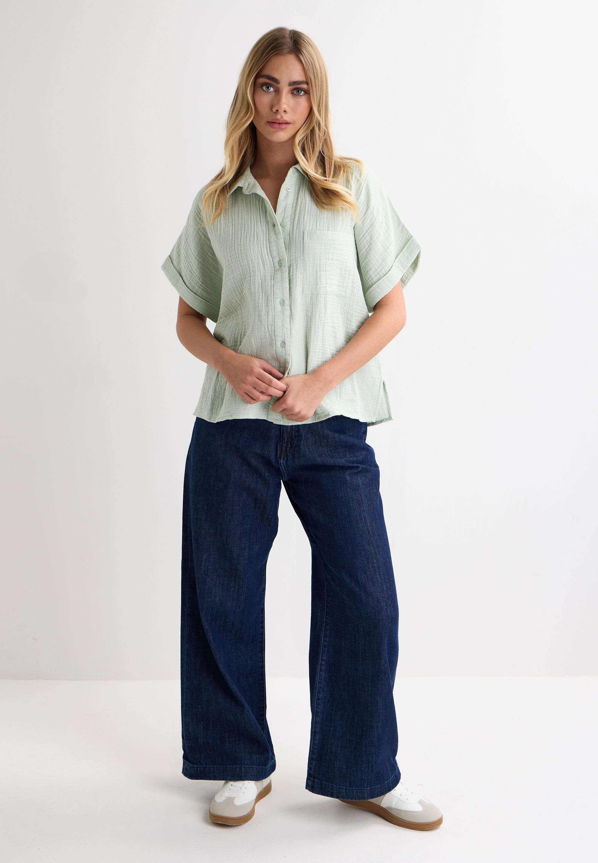 Womens Sage Double Cotton Short Sleeve Shirt