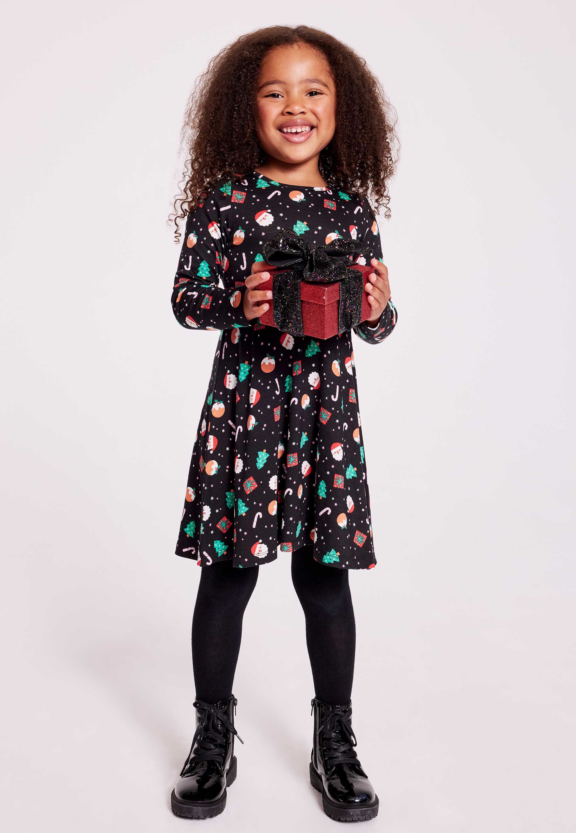 Younger Girls Black Christmas Print Jersey Dress