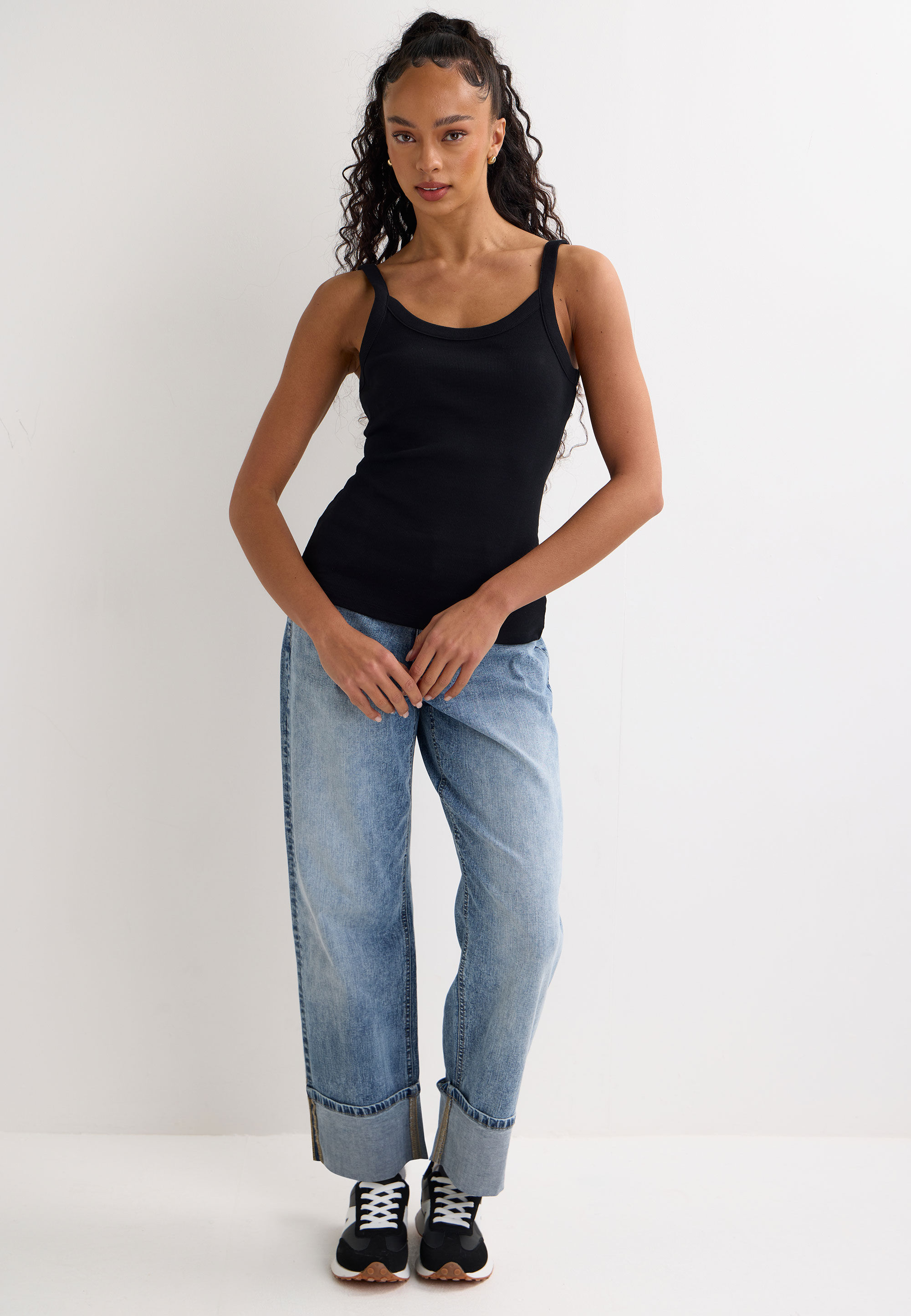 Womens Black Plain Ribbed Cami Vest Top