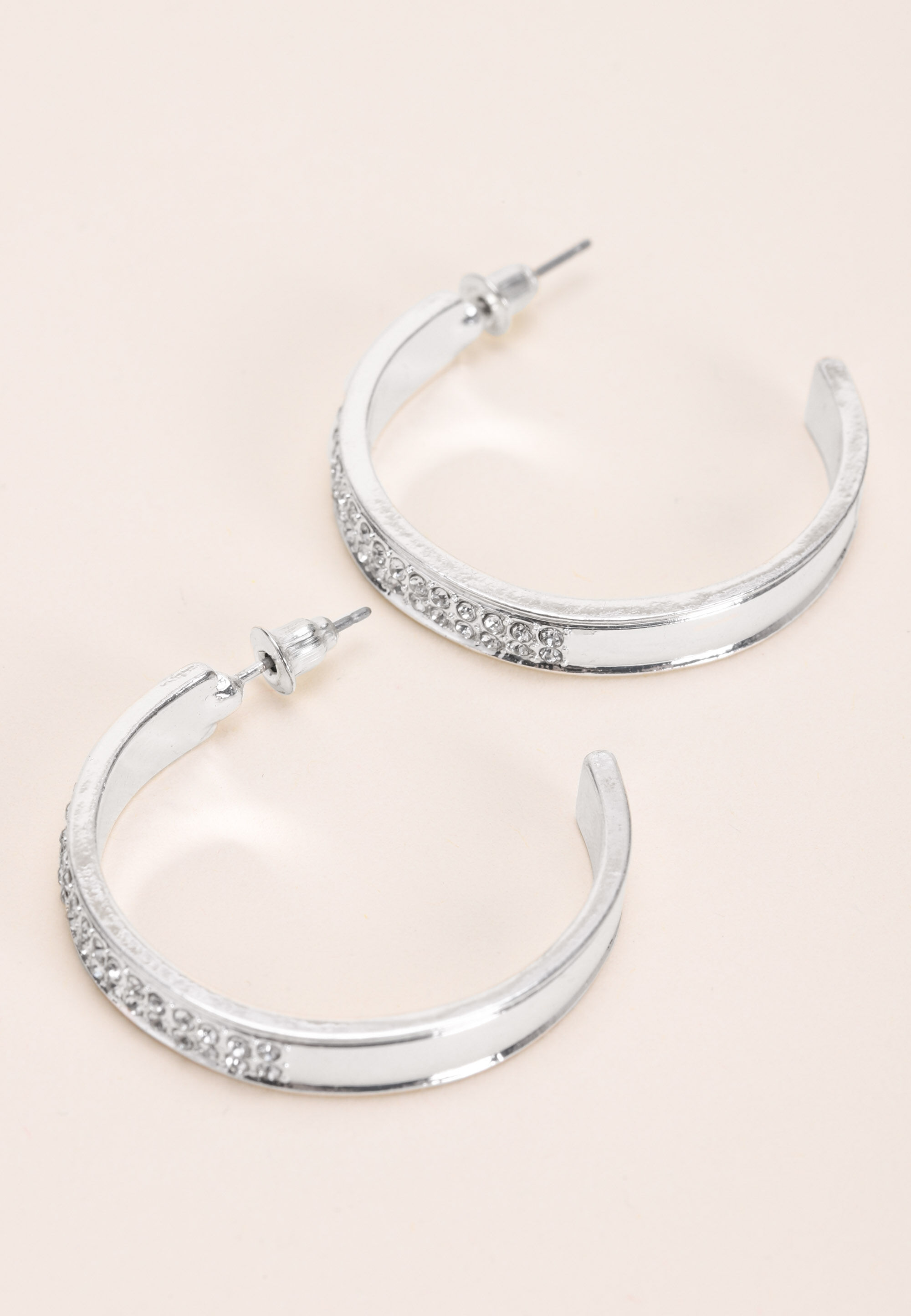 Womens Silver Double Row Diamante Hoop Earrings