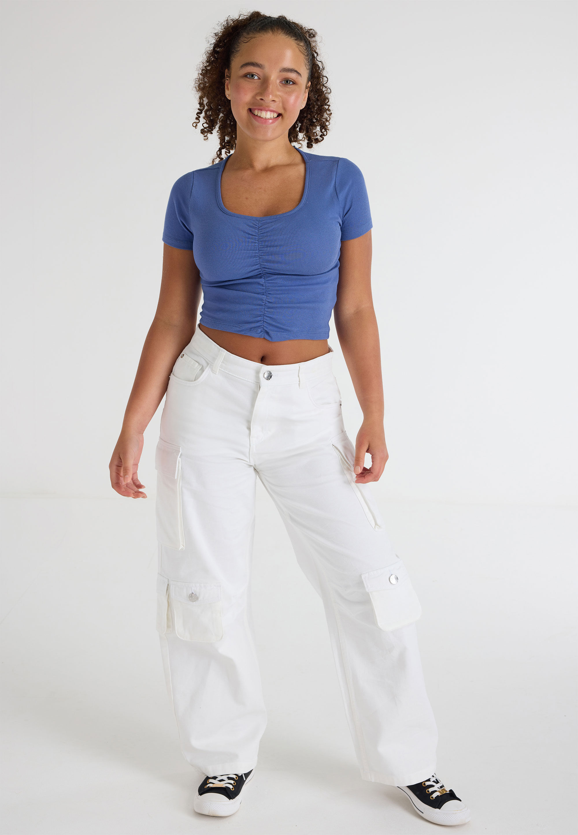 Older Girls Blue Ruched Front Cropped T-shirt
