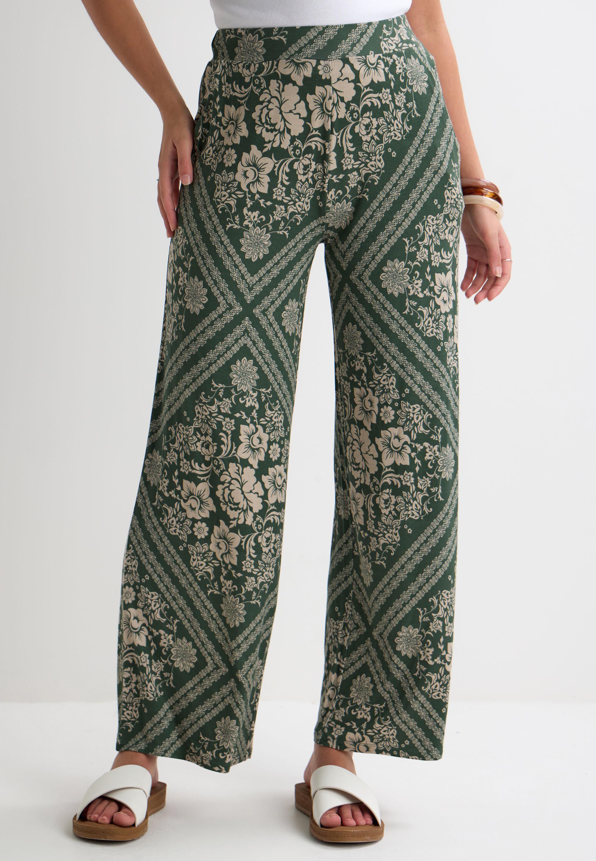 Womens Khaki Floral Print Wide Leg Trousers