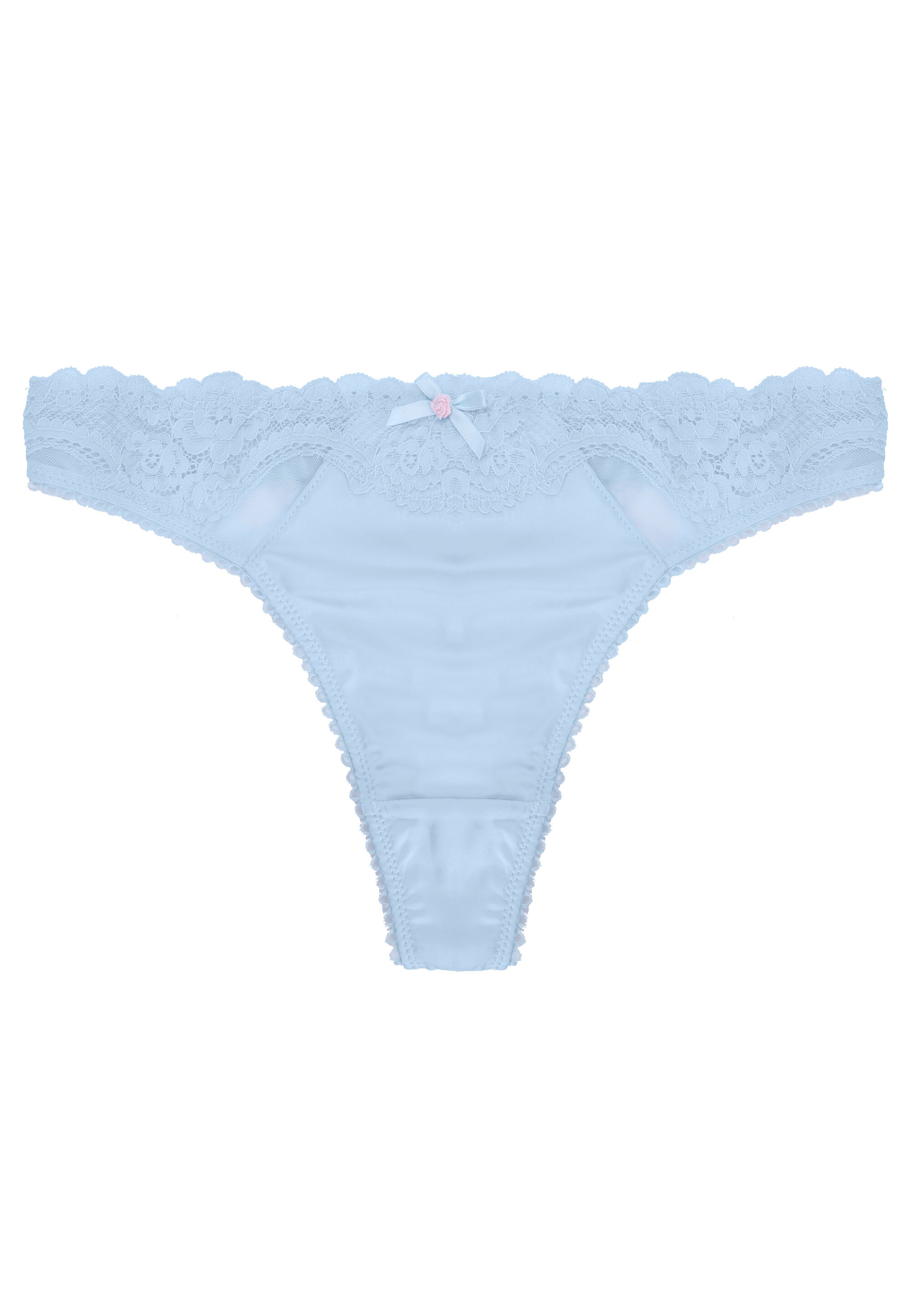 Womens Blue Plain Satin & Lace Thong