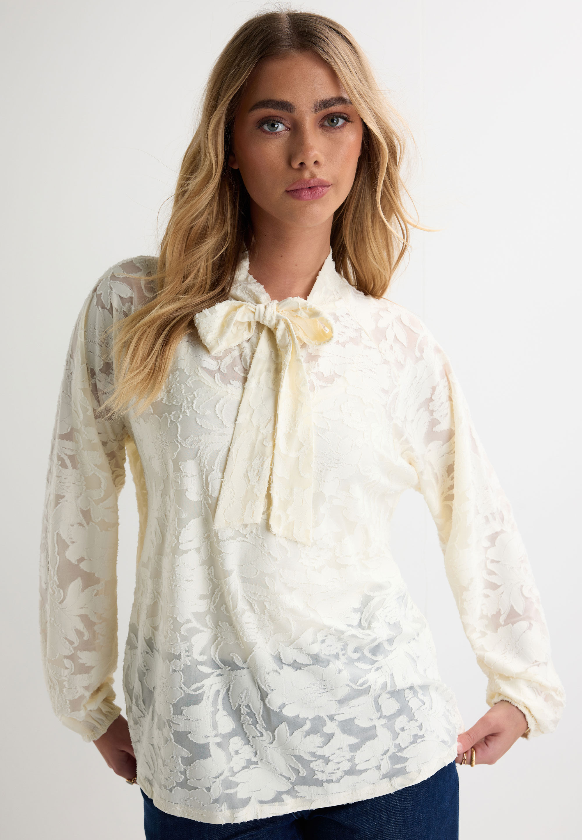 Womens Cream Textured Pussy Bow Burnout Blouse
