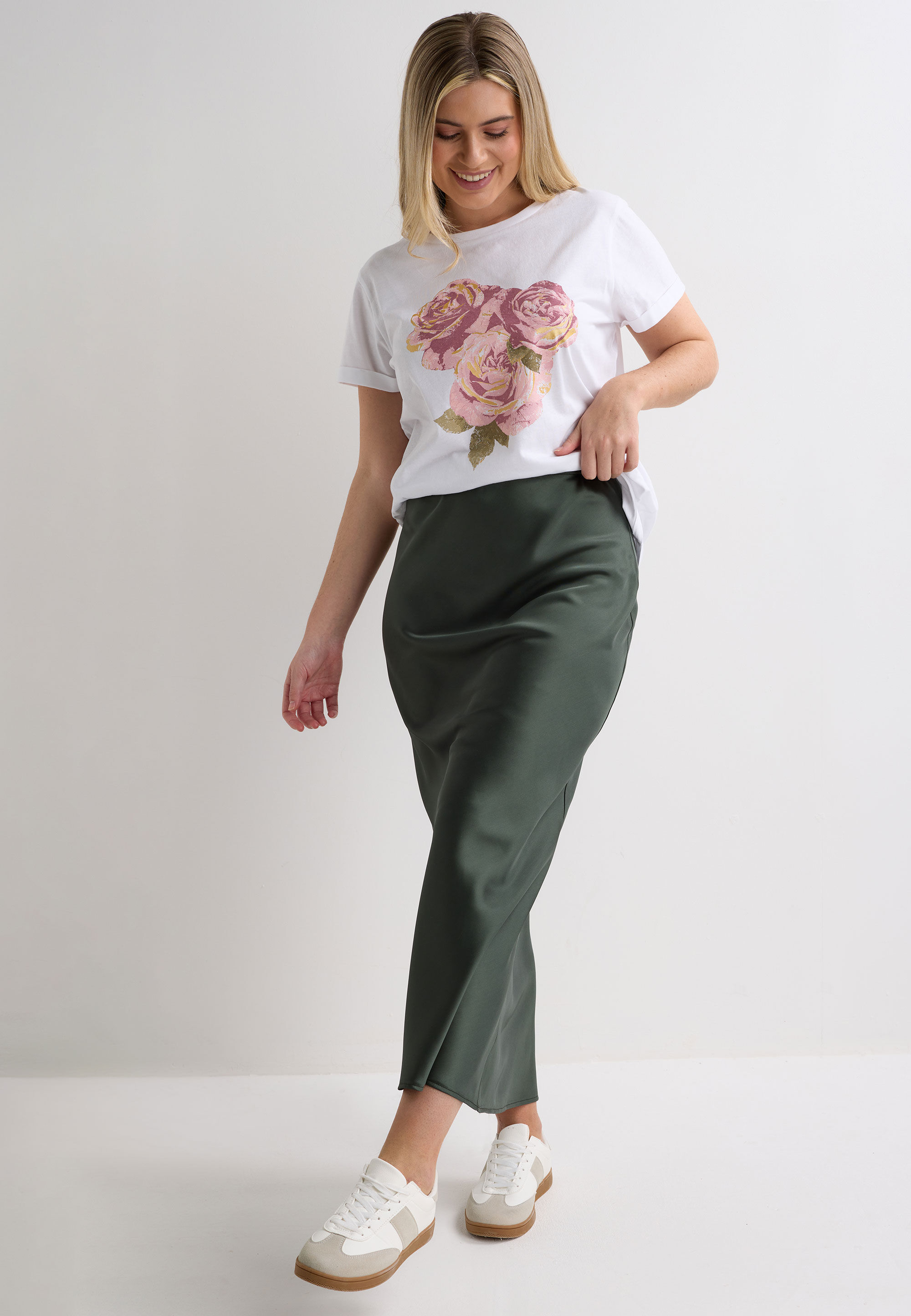 Womens Khaki Satin Midi Slip Skirt