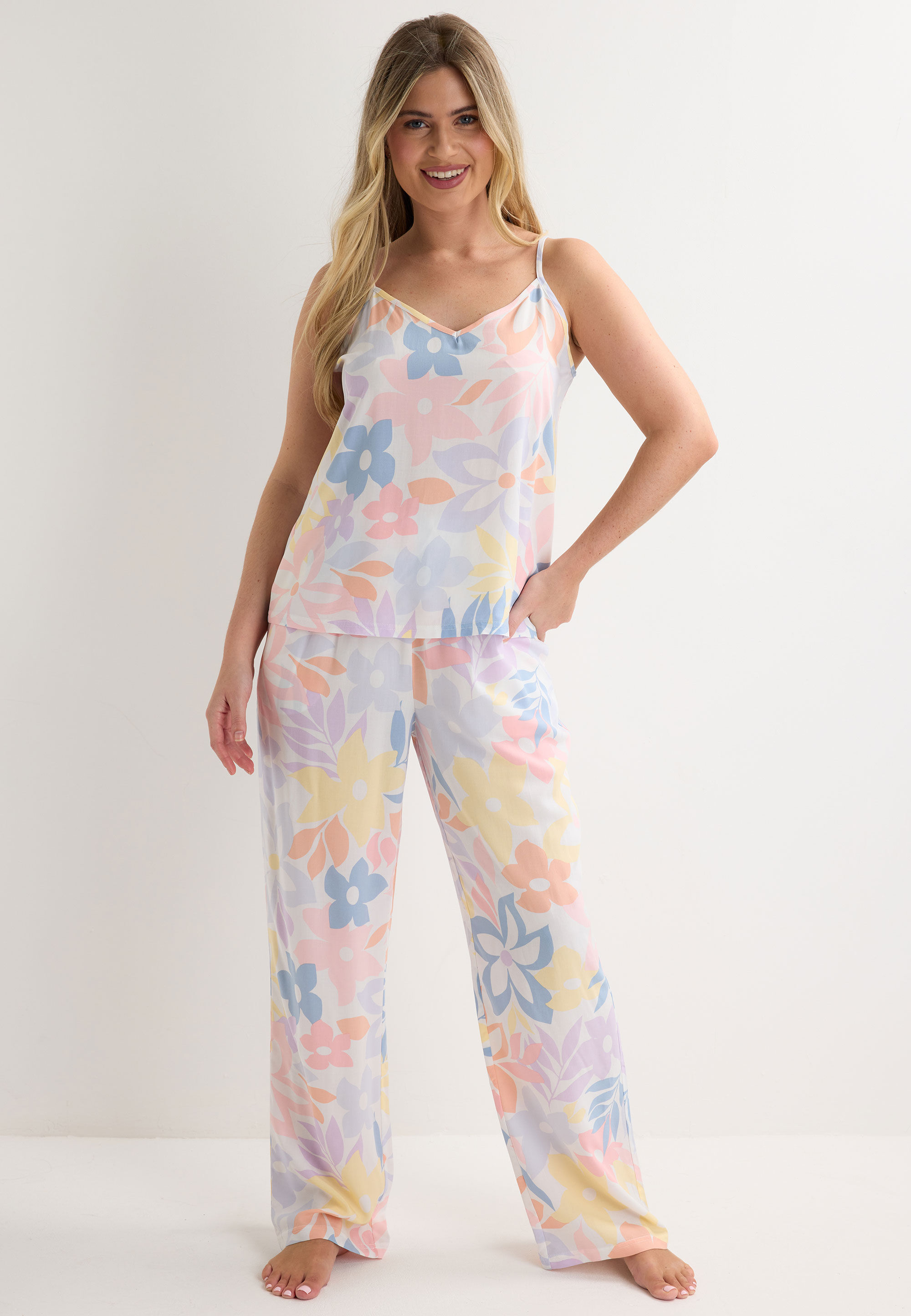 Womens Pink Floral Print Woven Pyjama Cami Top