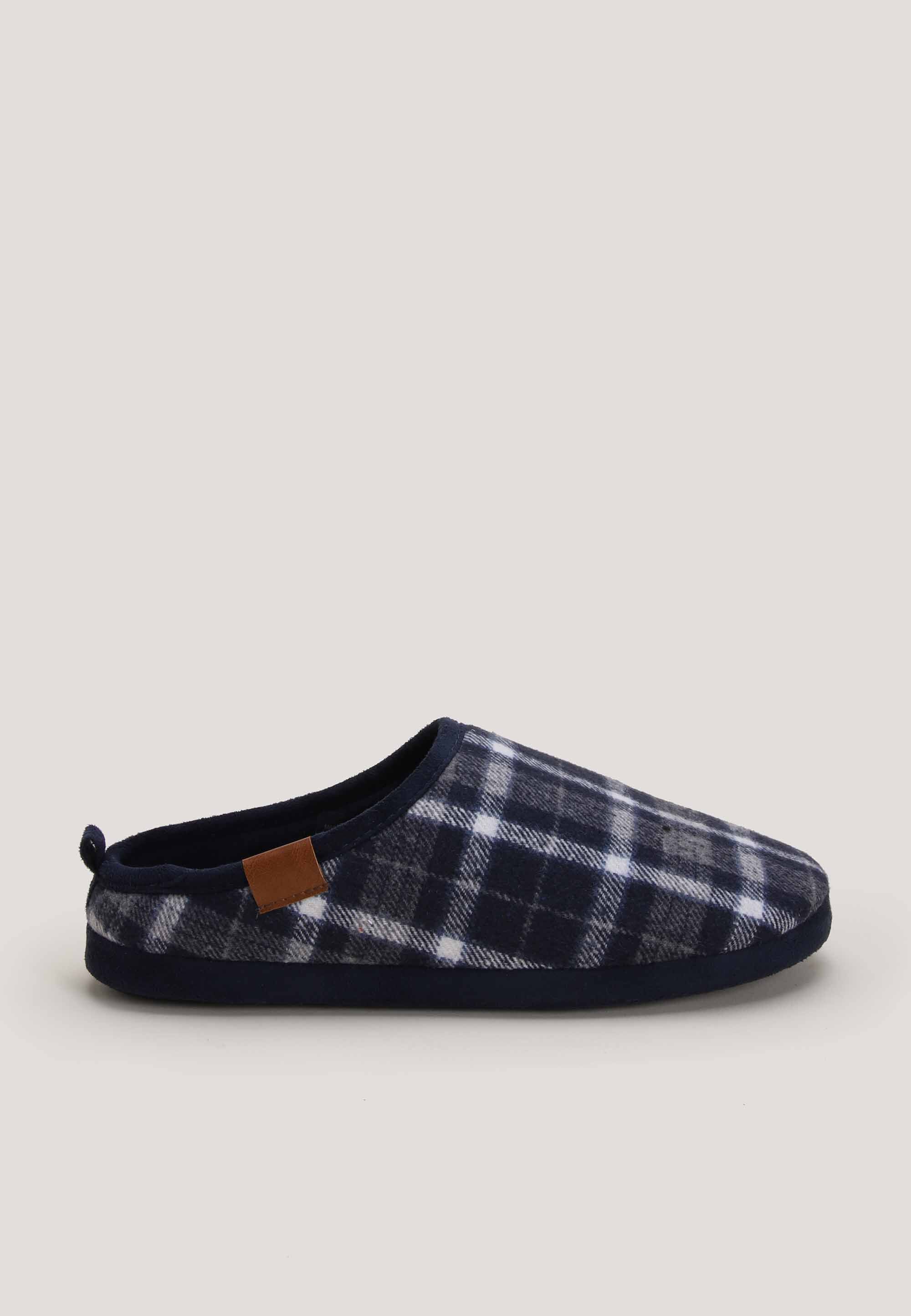 Mens Navy & White Check Mule Slippers