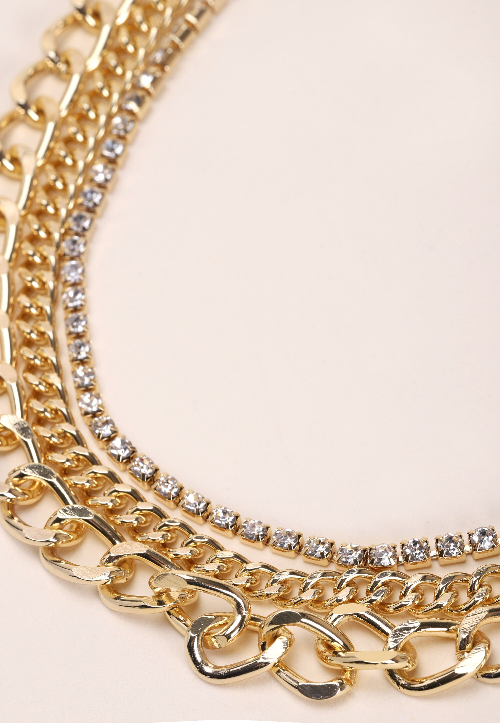 Womens Gold 3 Row Chunky Chain Diamante Necklace