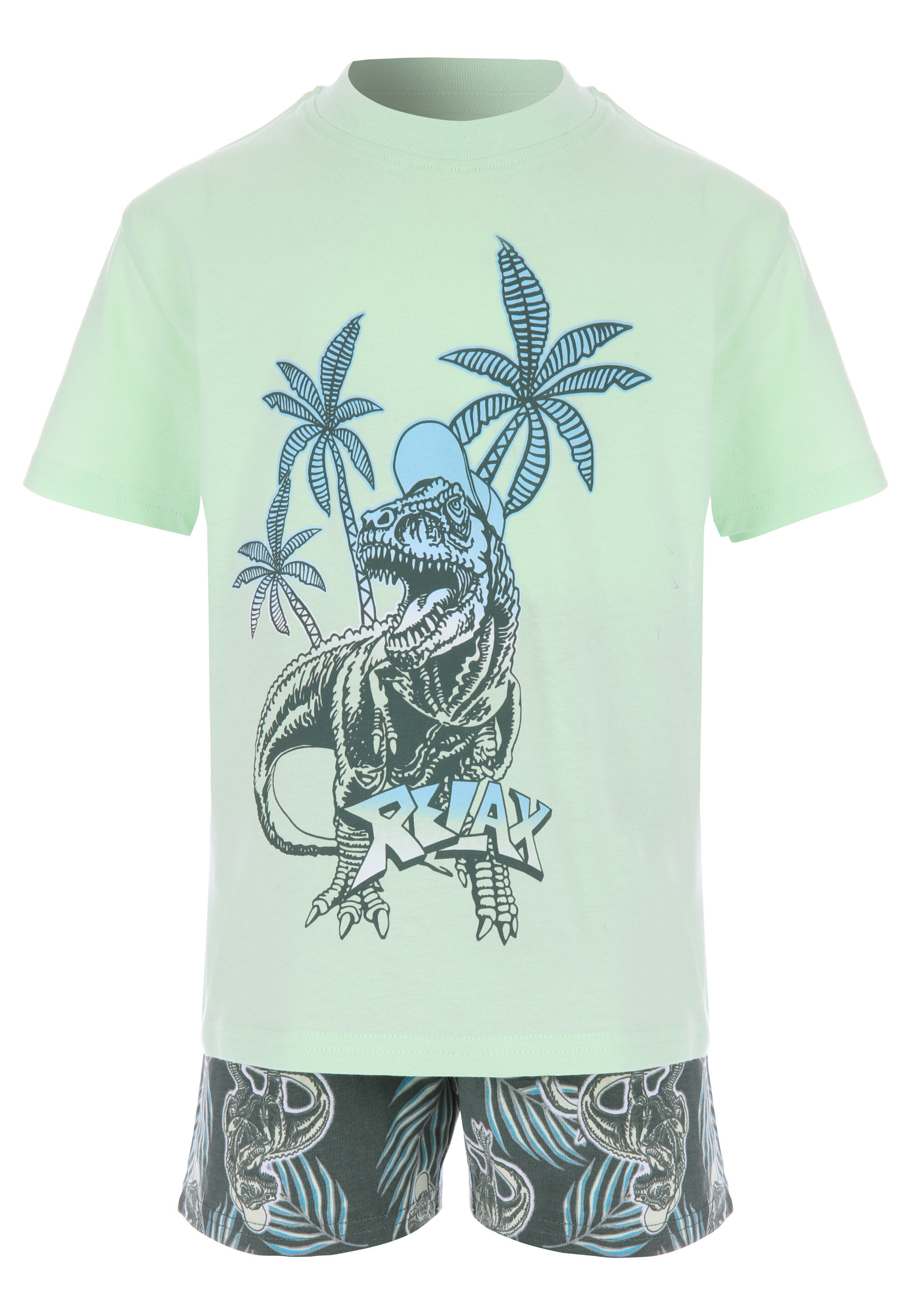 Younger Boys Lime Dinosaur Top & Shorts Pyjama Set