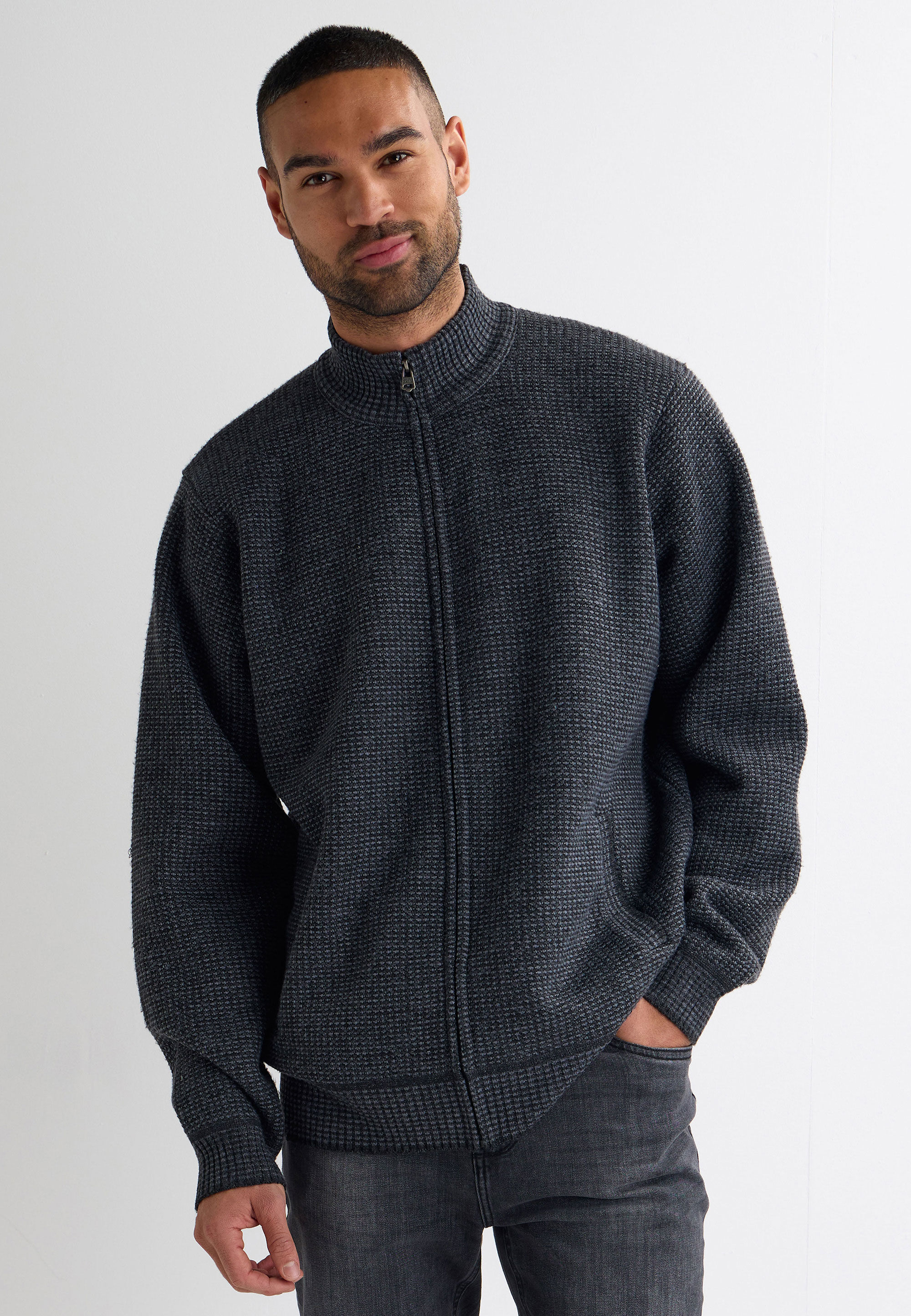 Mens Charcoal Sherpa Zip Through Knitted Cardigan