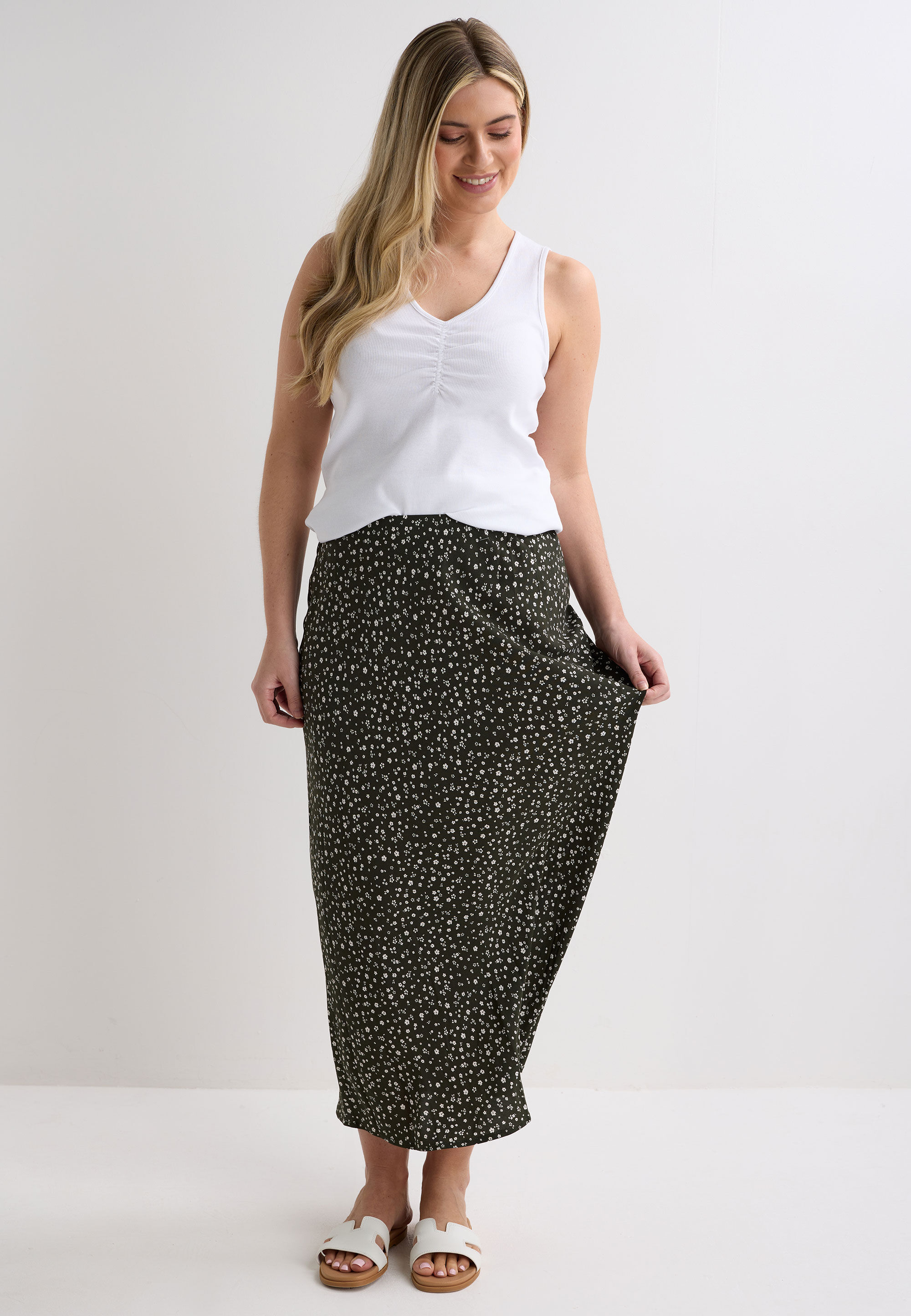 Womens Khaki & Cream Ditsy Print Midi Skirt