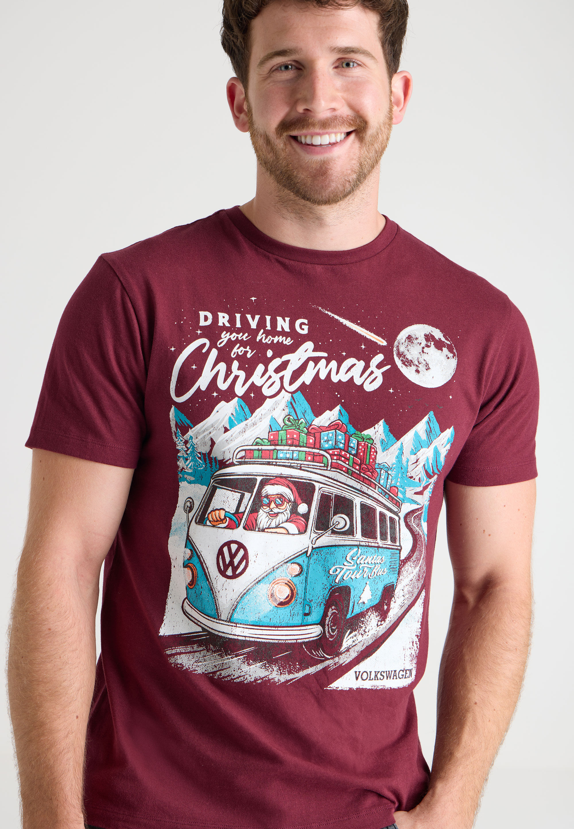 Mens Red Santa Tour Bus Christmas T-Shirt