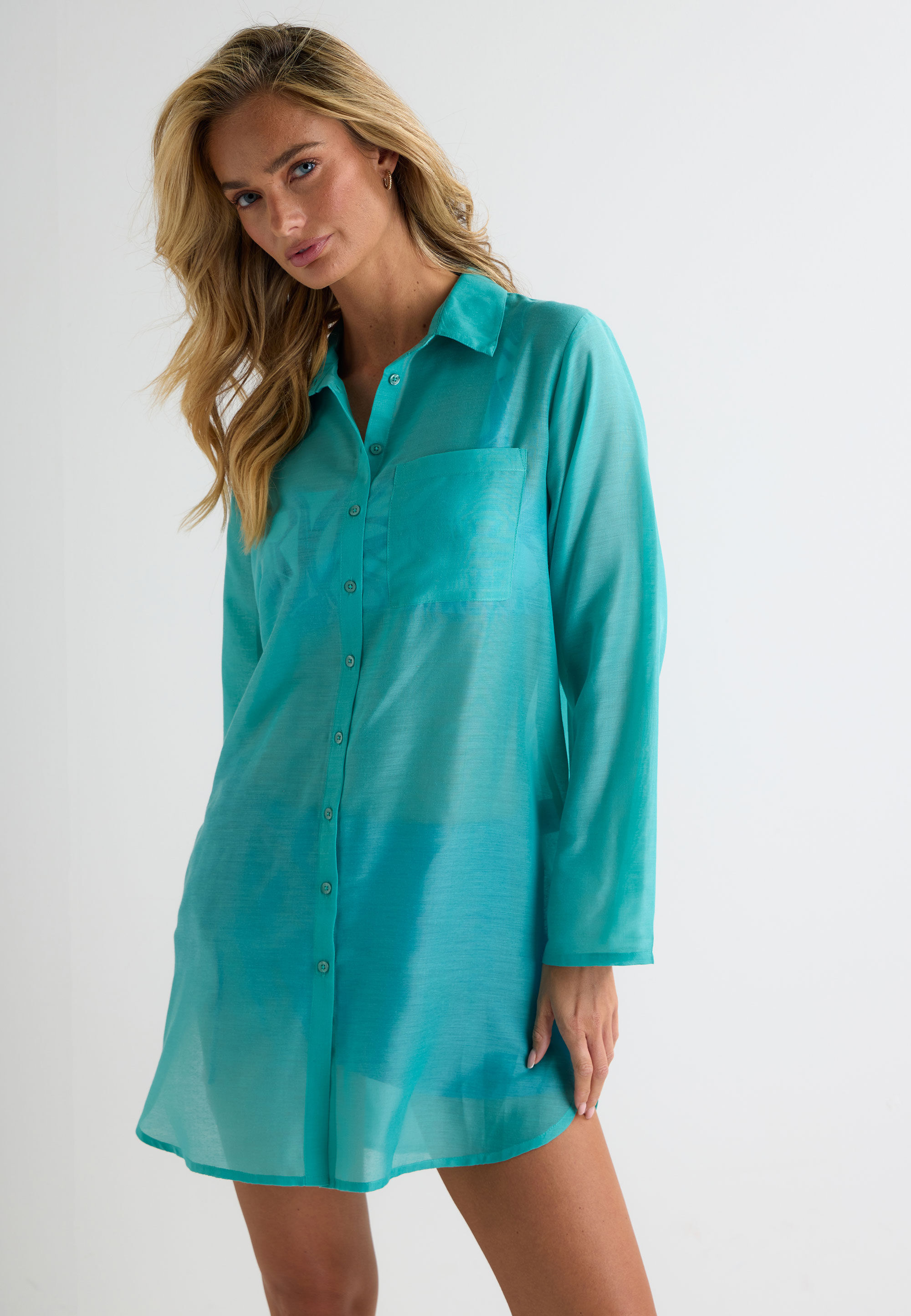 Womens Aqua Plain Beach Shirt
