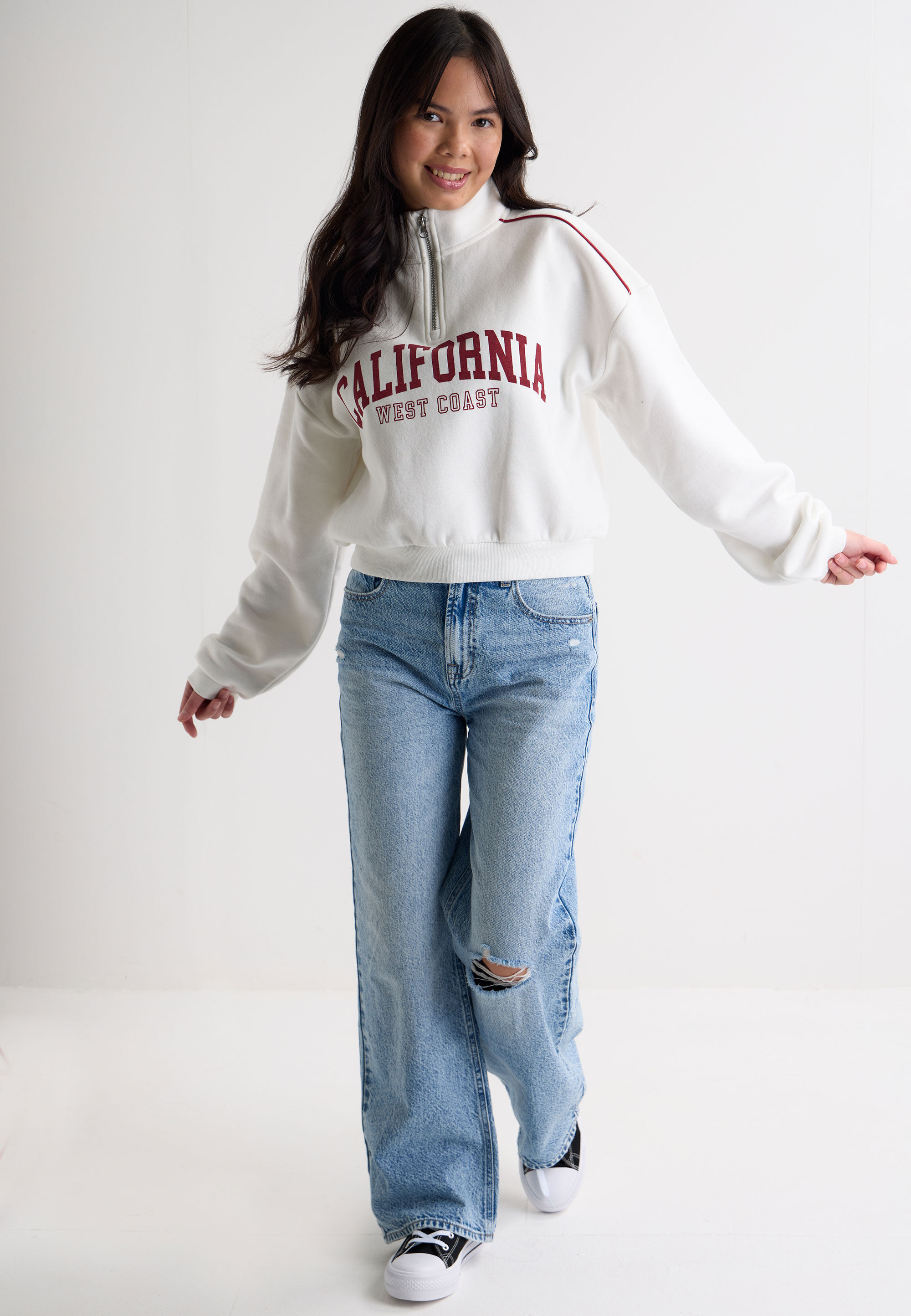 Older Girls White California Half Zip Sweatshirt