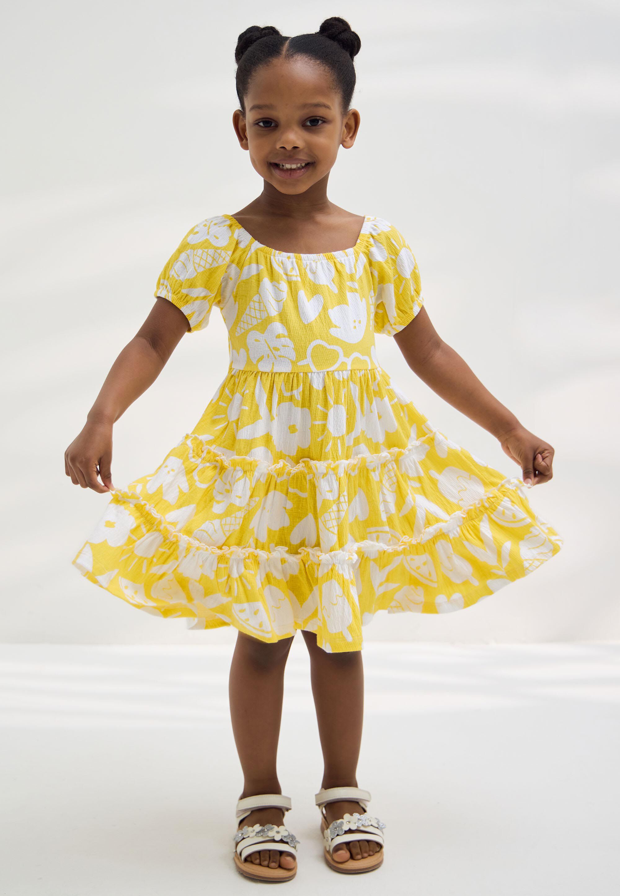 Younger Girls Yellow & White Floral Print Tired Dress