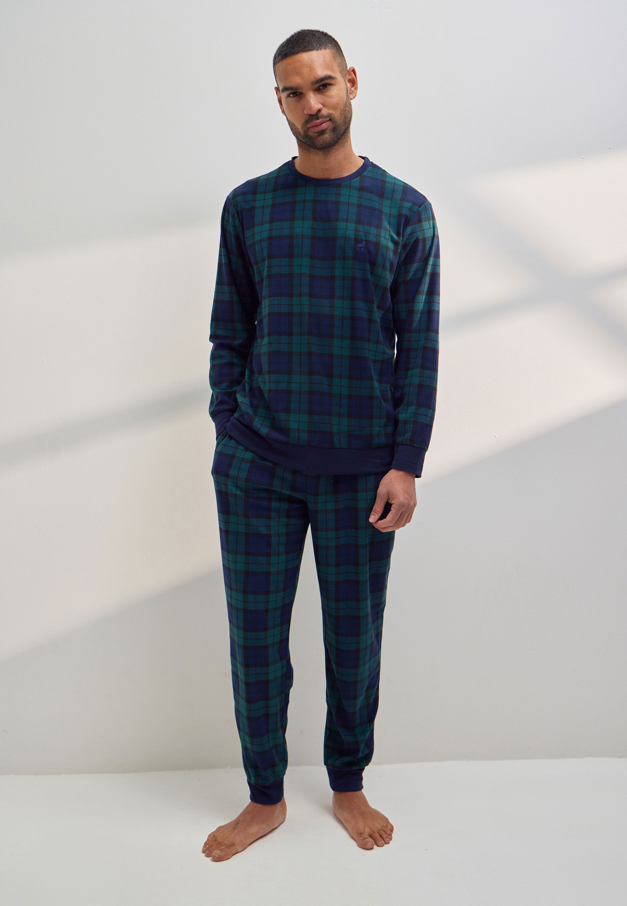 Mens Dark Green Check Print Fleece Pyjama Gift Set