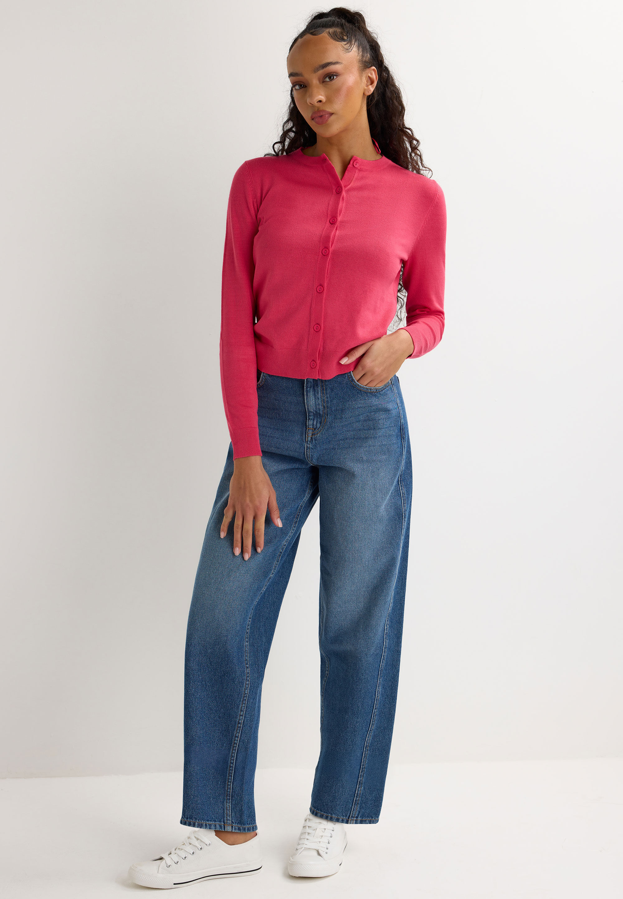 Womens Pink Plain Crew Neck Cardigan