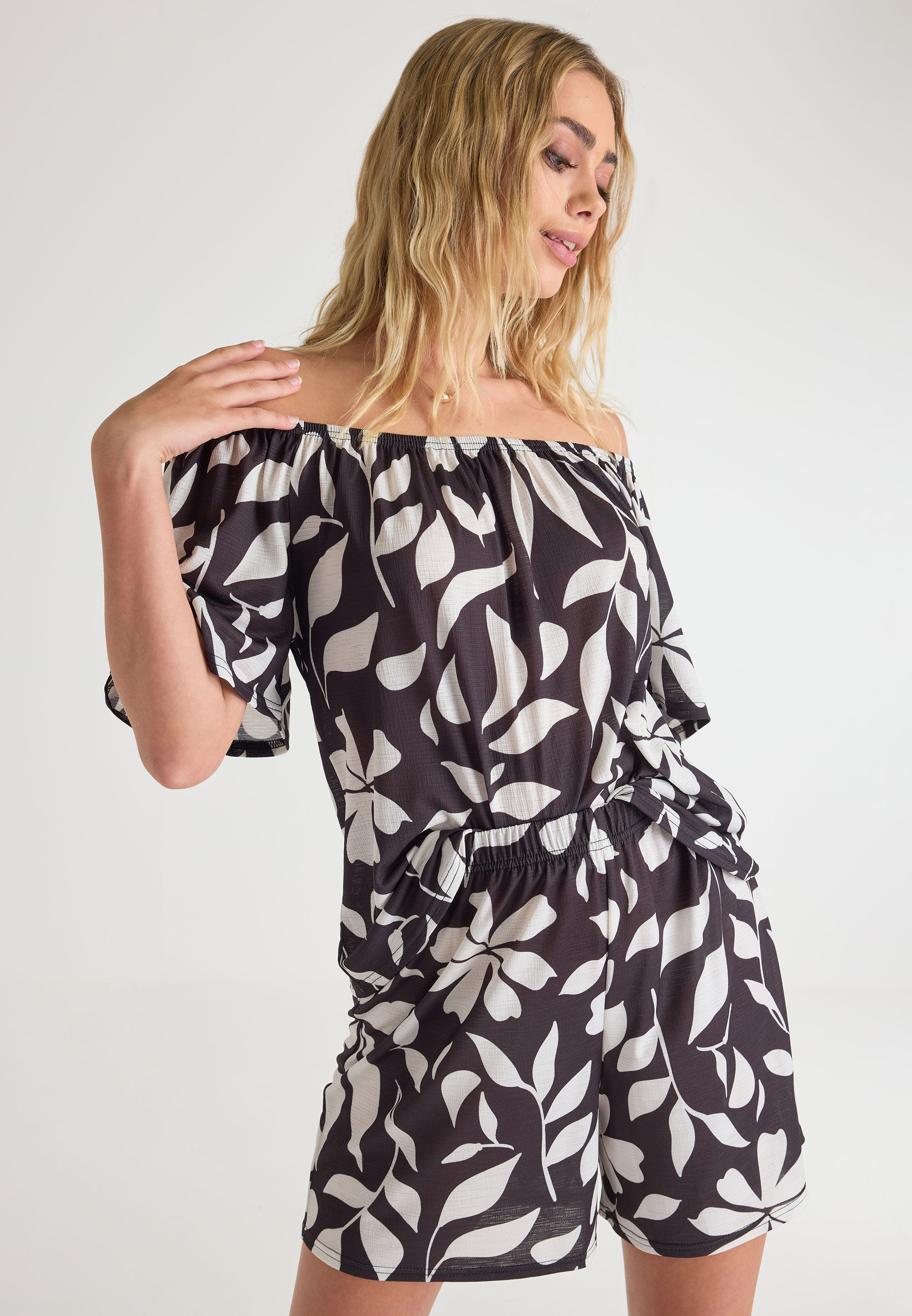 Womens Black & White Floral Bardot Top