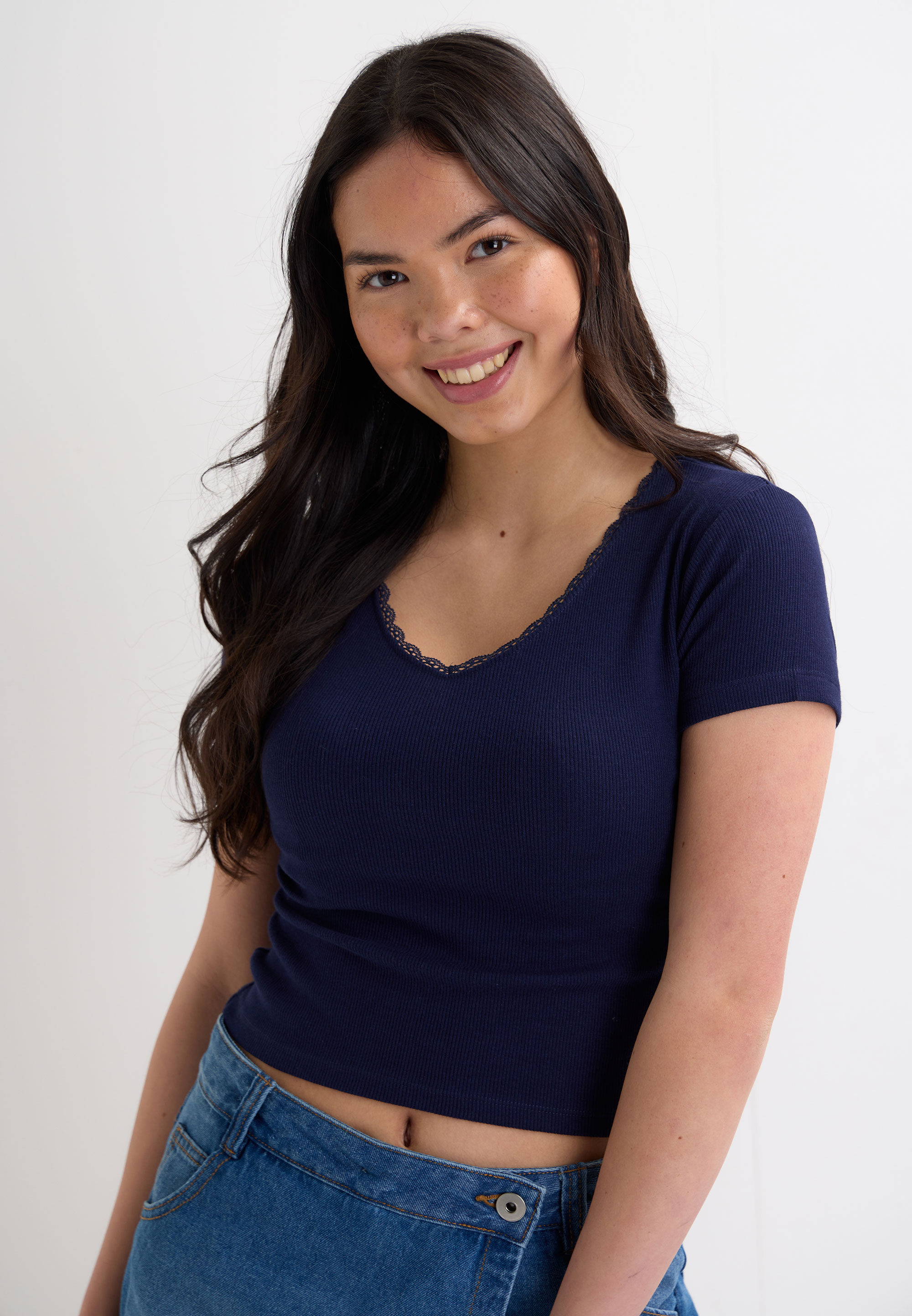 Older Girls Navy Ribbed V-Neck Lace Top