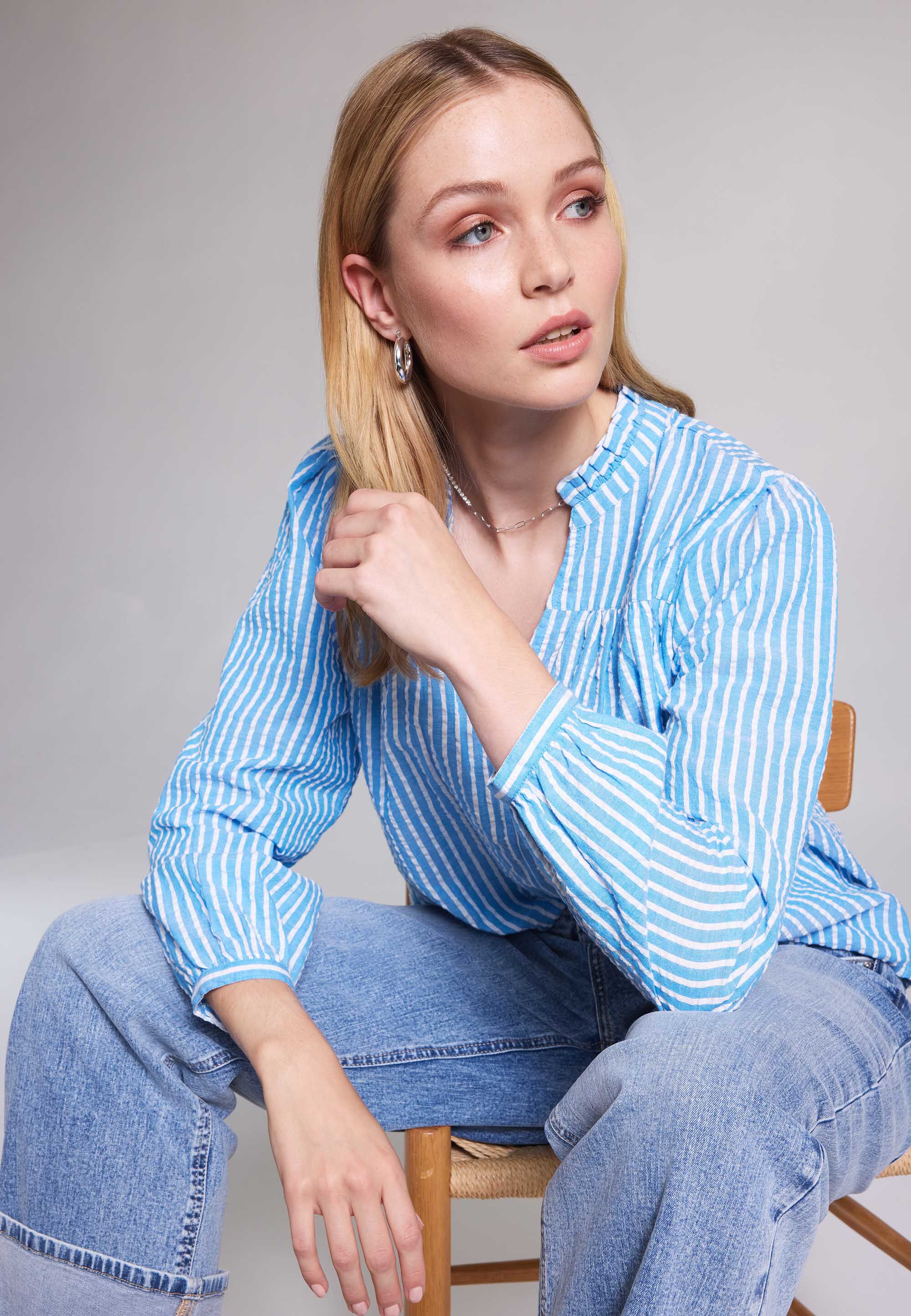Womens Blue Stripe Ruffle Neck Shirt