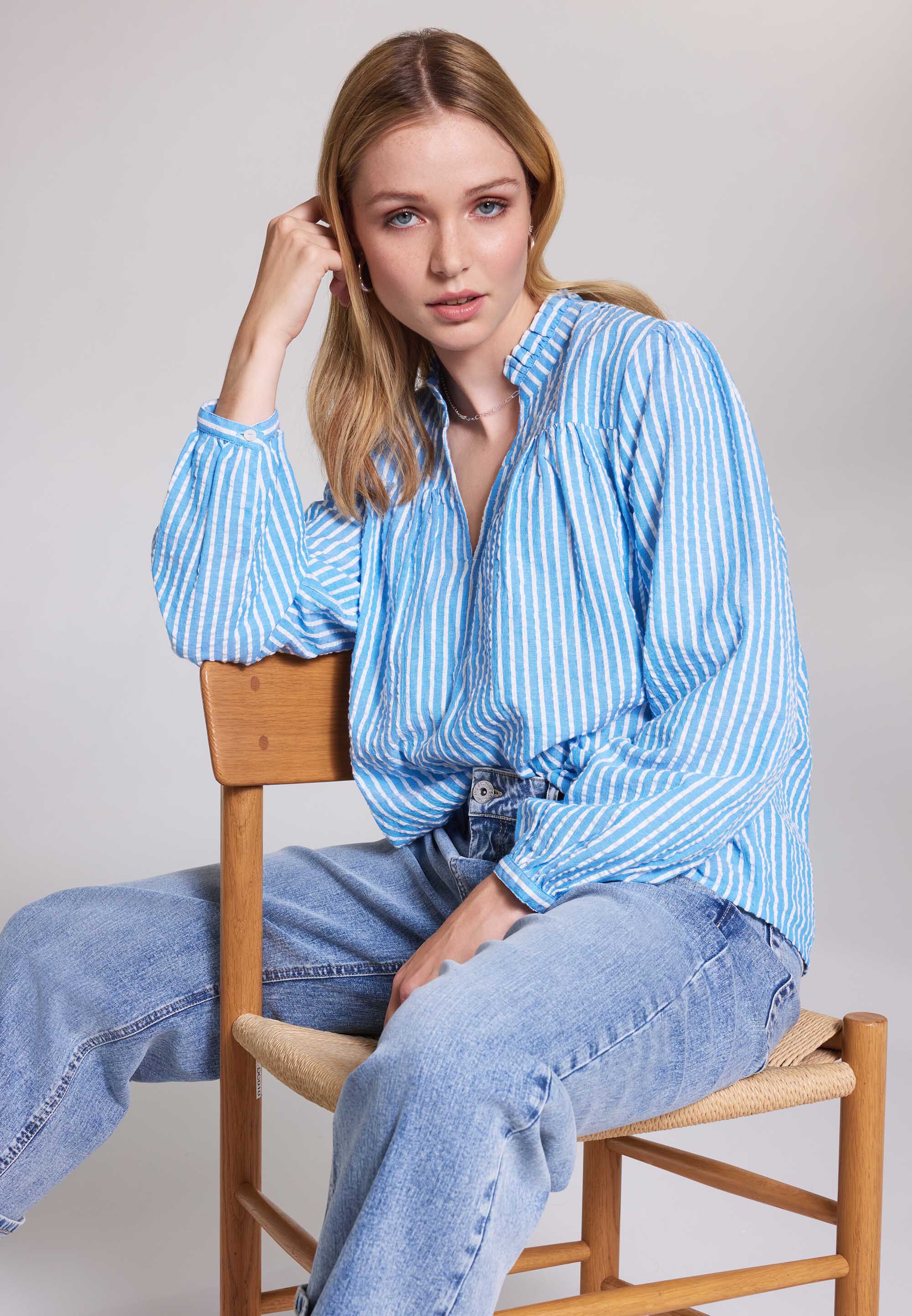 Womens Blue Stripe Ruffle Neck Shirt