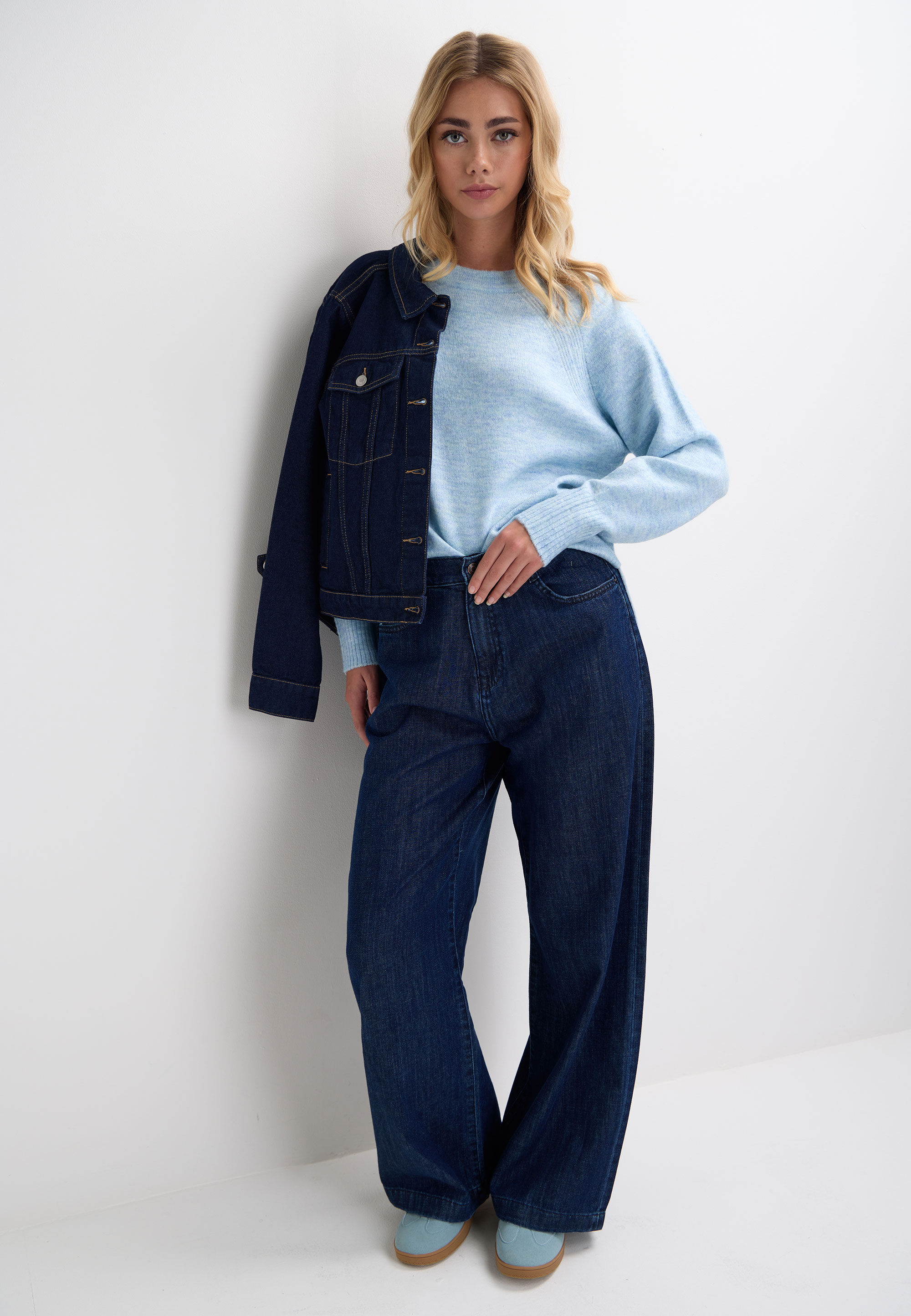 Womens Blue Side Split Crew Neck Jumper