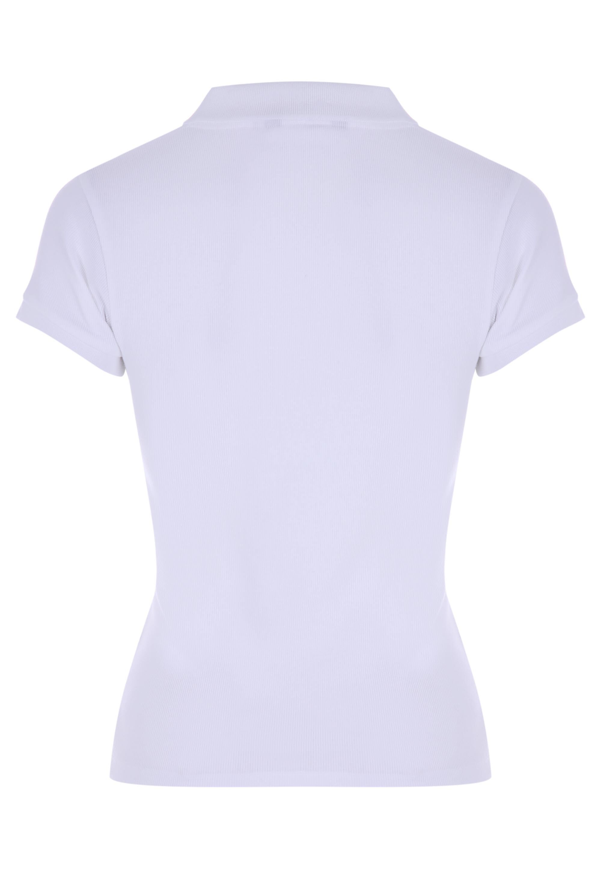 Womens White Ribbed V-Neck Collar Top