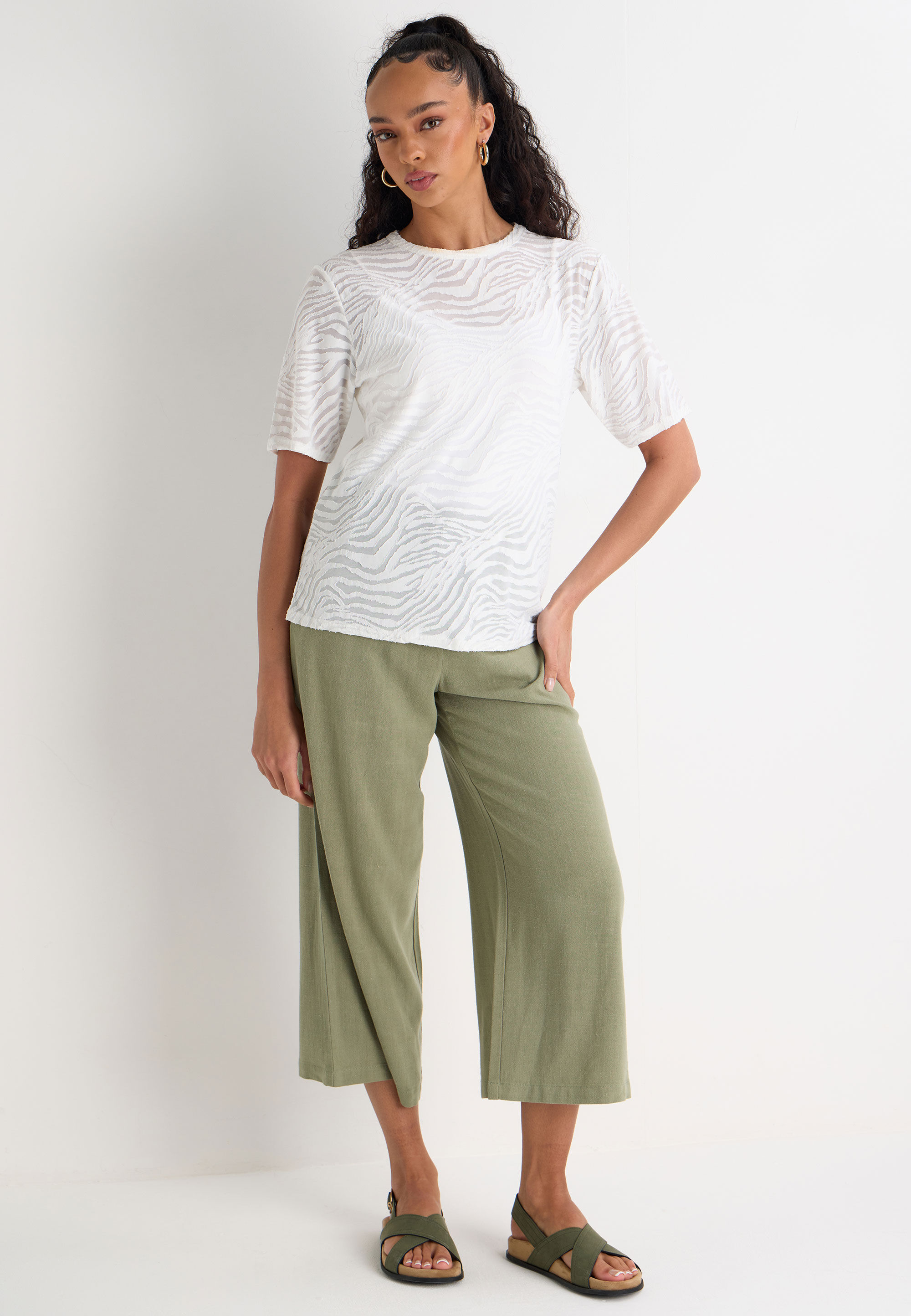Womens Cream Zebra Burnout Short Sleeve Top