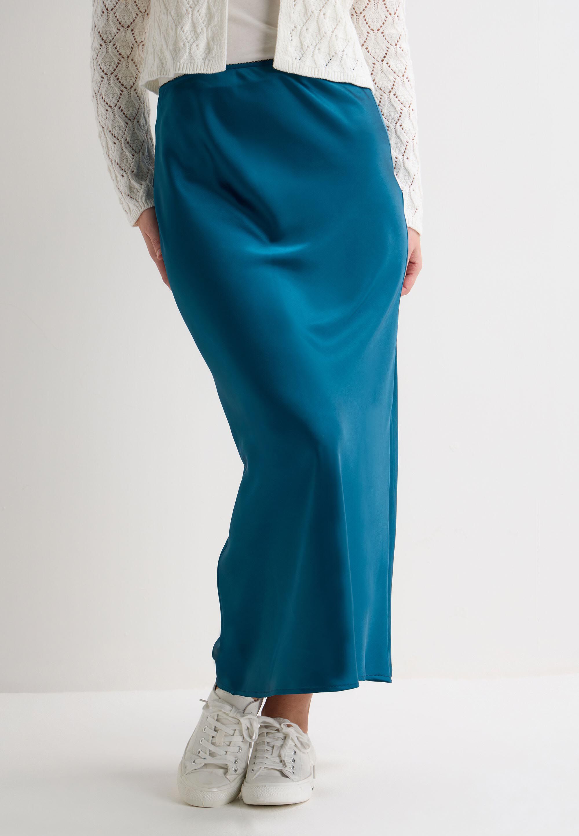 Womens Blue Satin Midi Slip Skirt