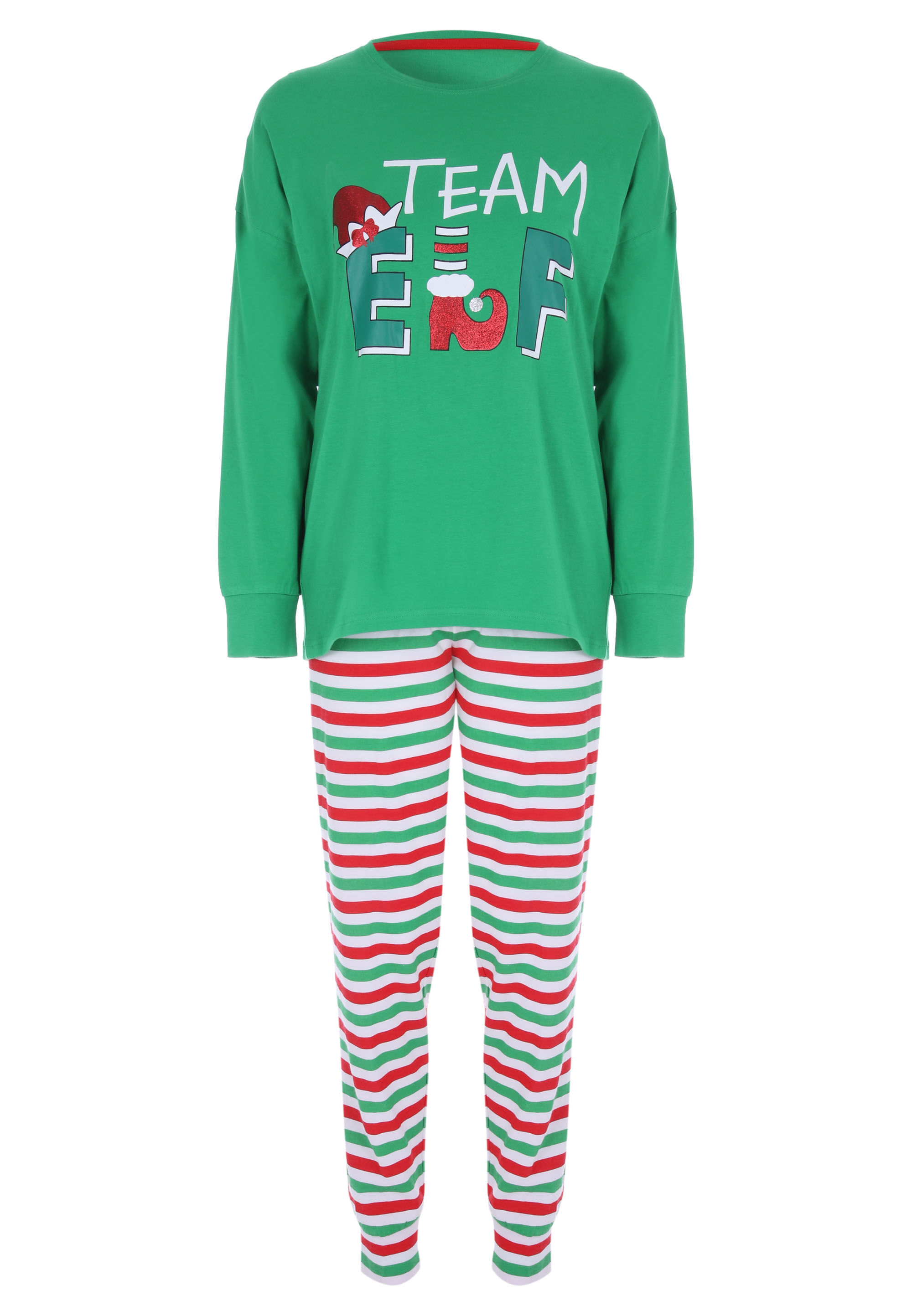 Womens Green Team Elf Christmas Family Pyjama Set