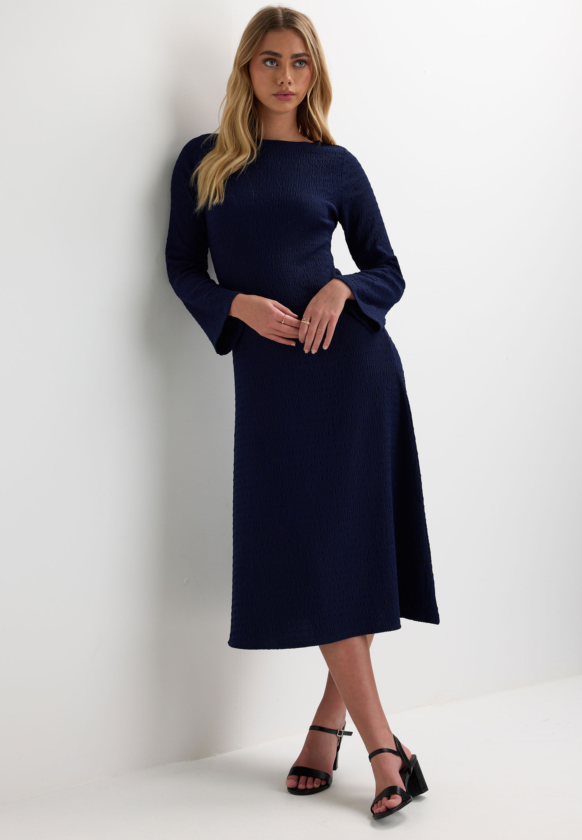 Womens Navy Textured Midi Dress