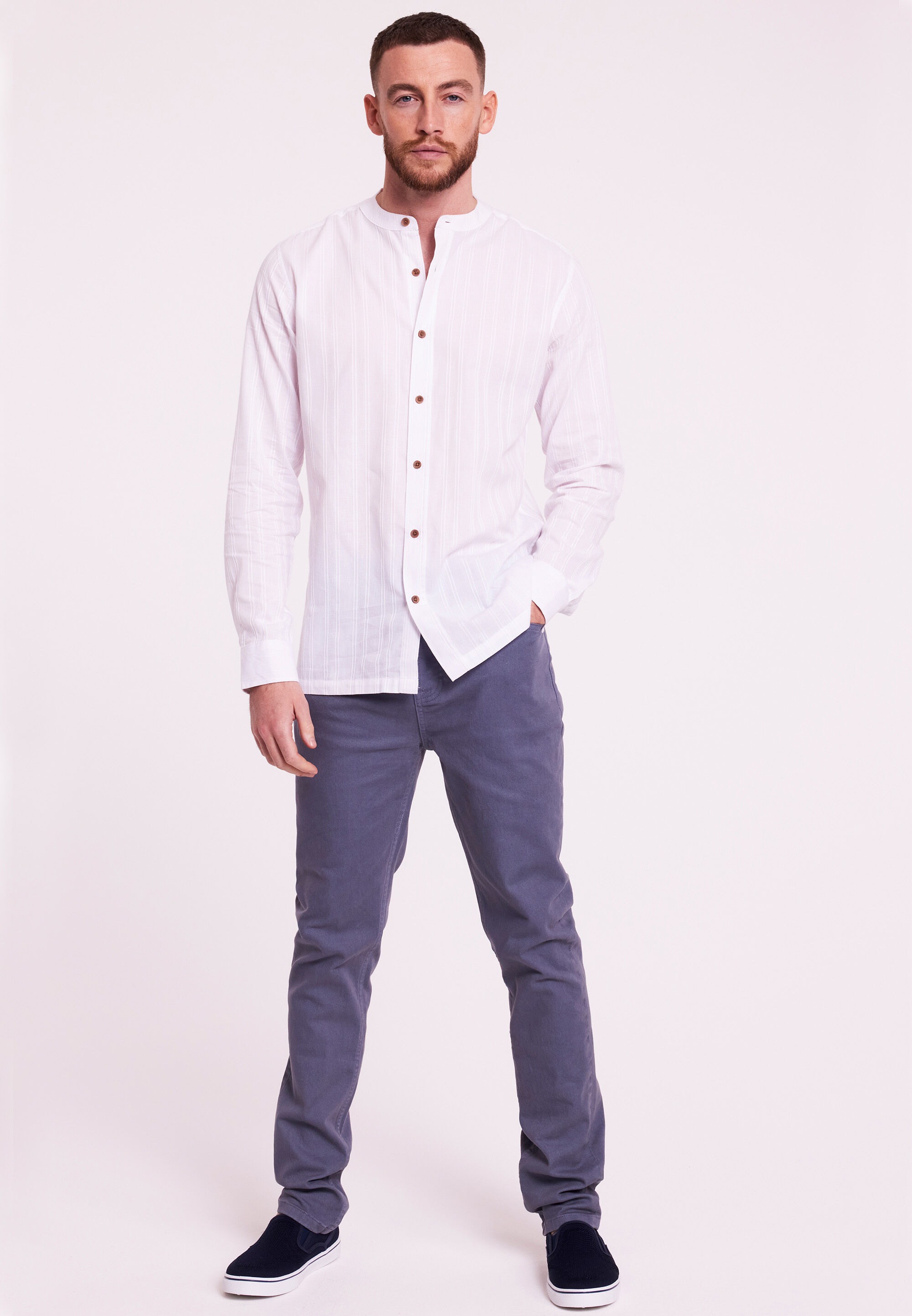 Mens White Plain Dobby Granddad Shirt