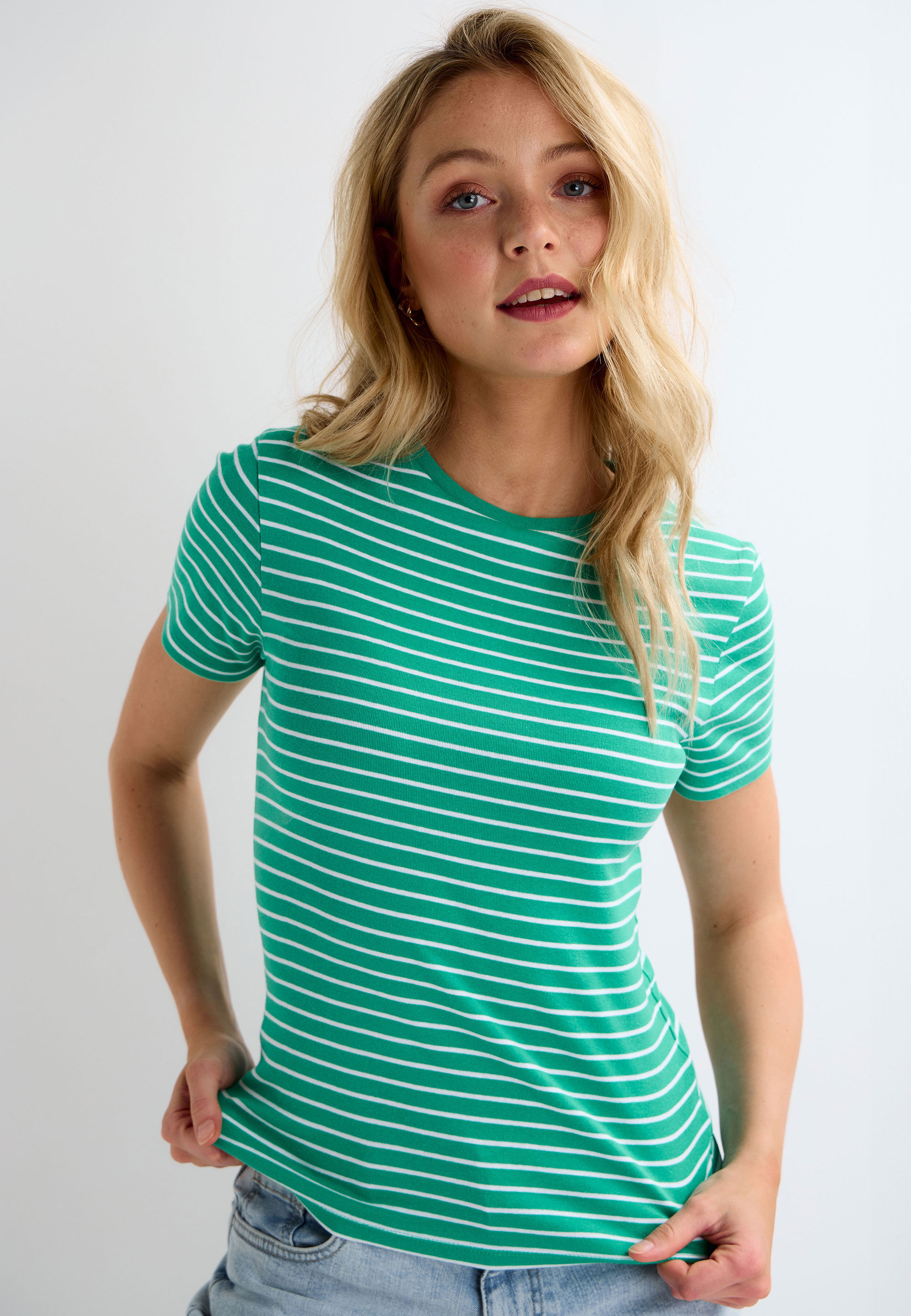 Womens Green Stripe Fitted Crew Neck Top