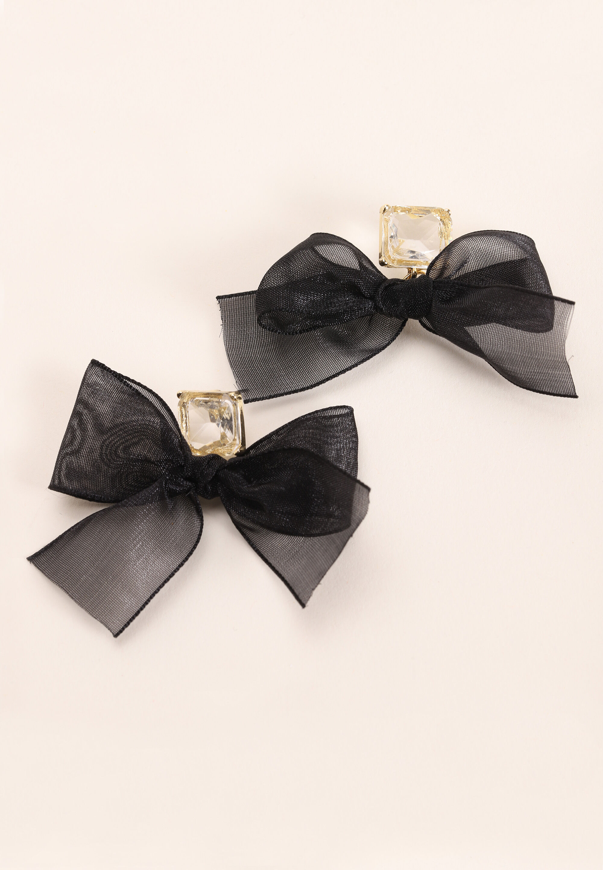 Womens Gold & Black Fabric Bow Drop Earrings